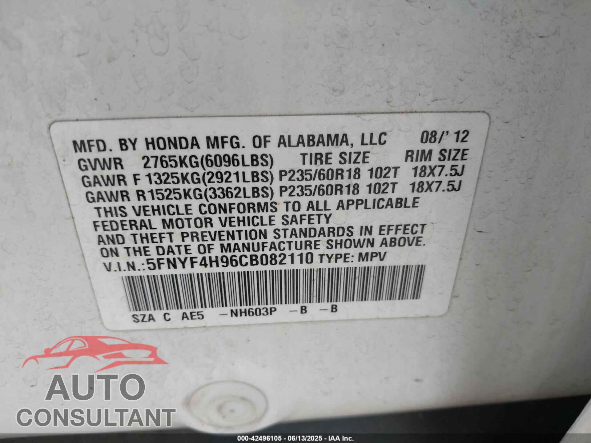 HONDA PILOT 2012 - 5FNYF4H96CB082110