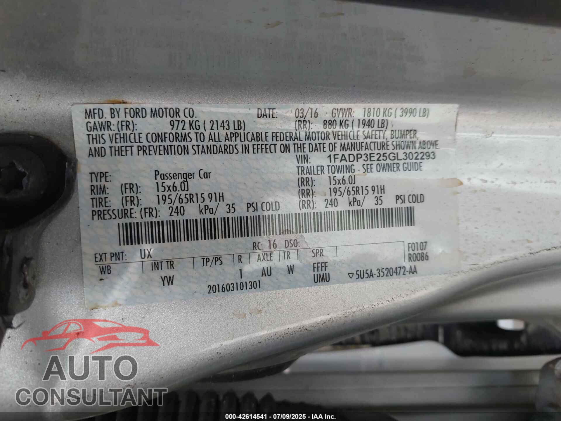 FORD FOCUS 2016 - 1FADP3E25GL302293