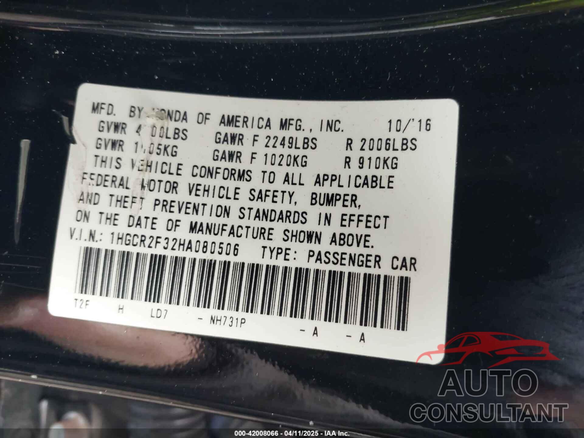 HONDA ACCORD 2017 - 1HGCR2F32HA080506