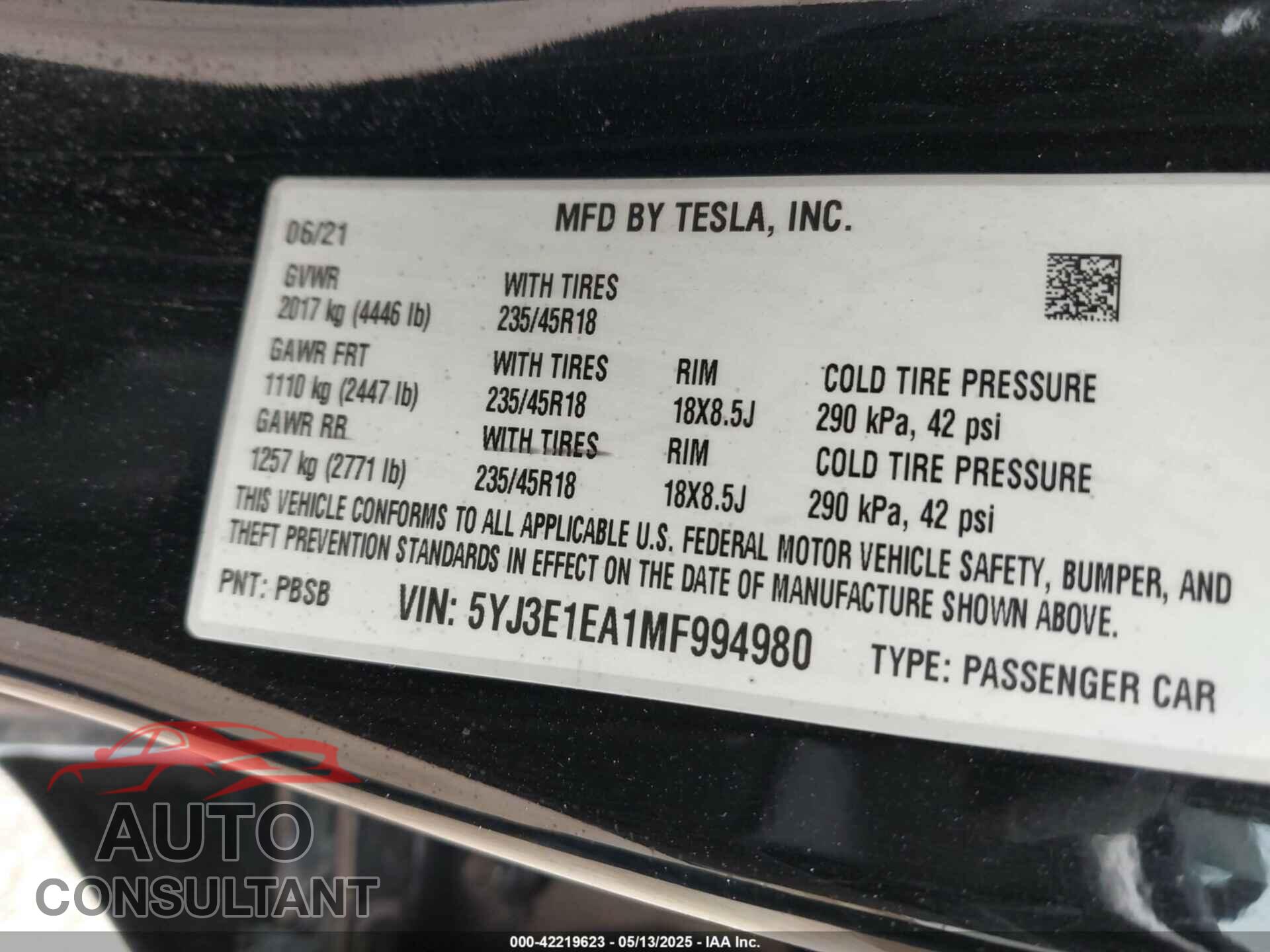 TESLA MODEL 3 2021 - 5YJ3E1EA1MF994980