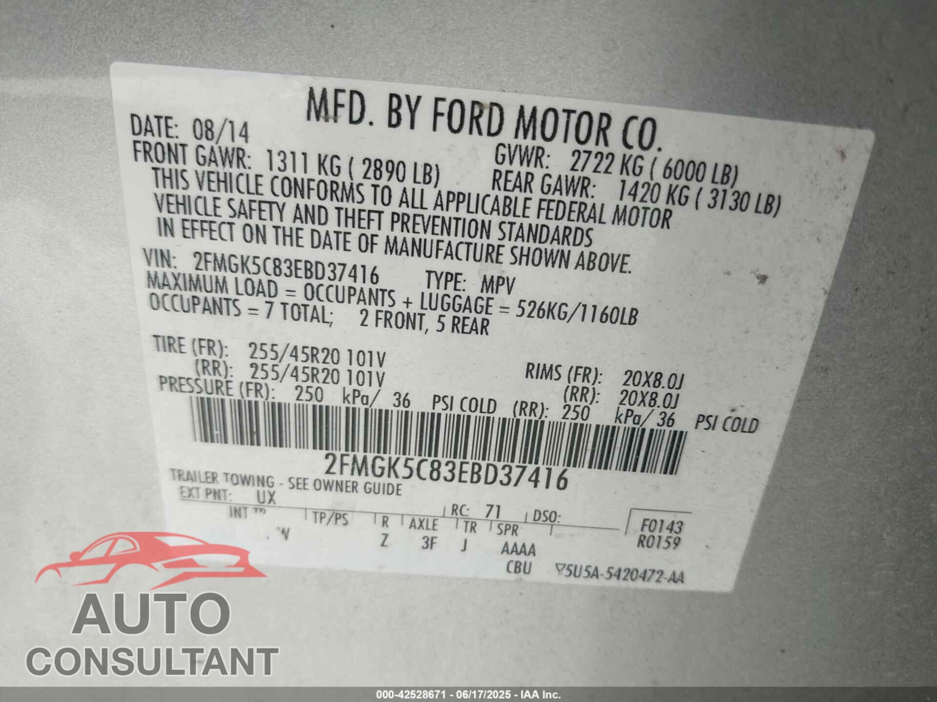 FORD FLEX 2014 - 2FMGK5C83EBD37416