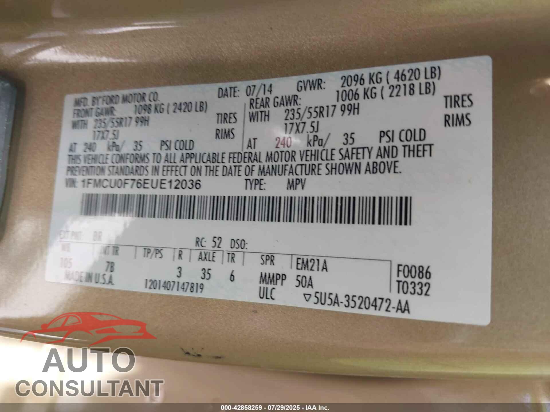 FORD ESCAPE 2014 - 1FMCU0F76EUE12036