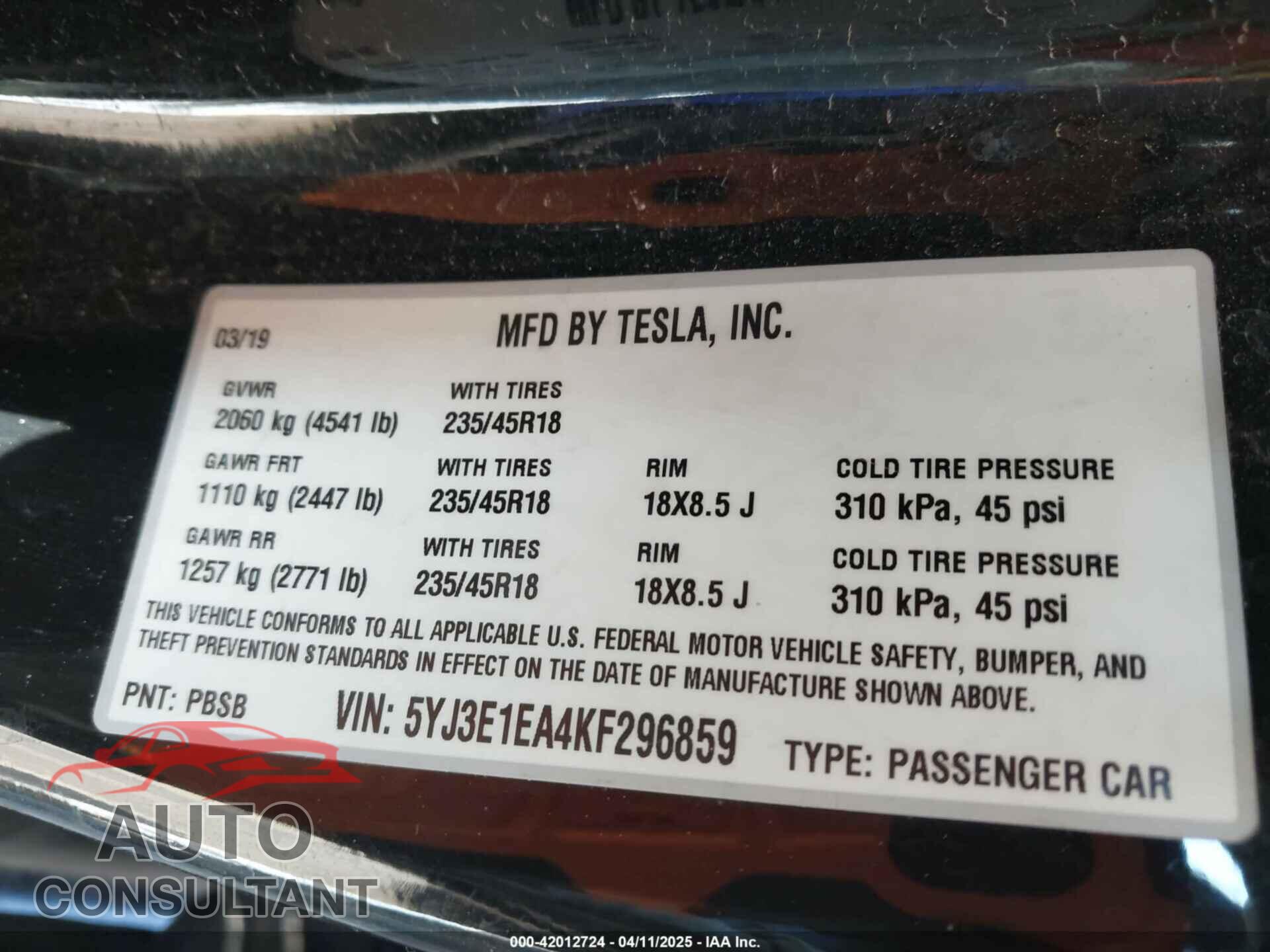 TESLA MODEL 3 2019 - 5YJ3E1EA4KF296859