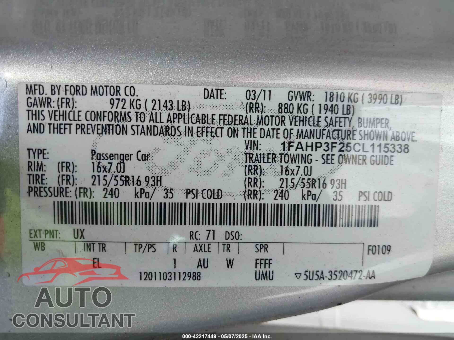 FORD FOCUS 2012 - 1FAHP3F25CL115338