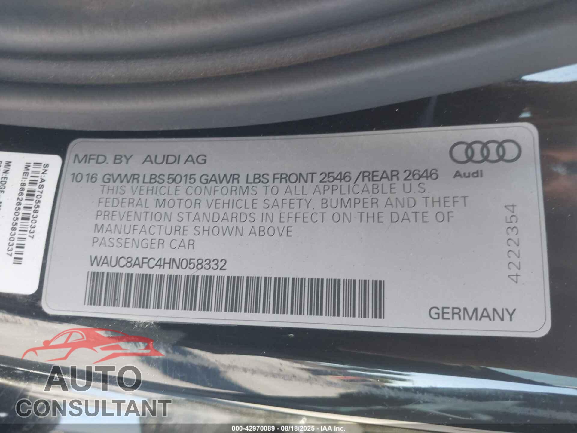 AUDI A6 2017 - WAUC8AFC4HN058332
