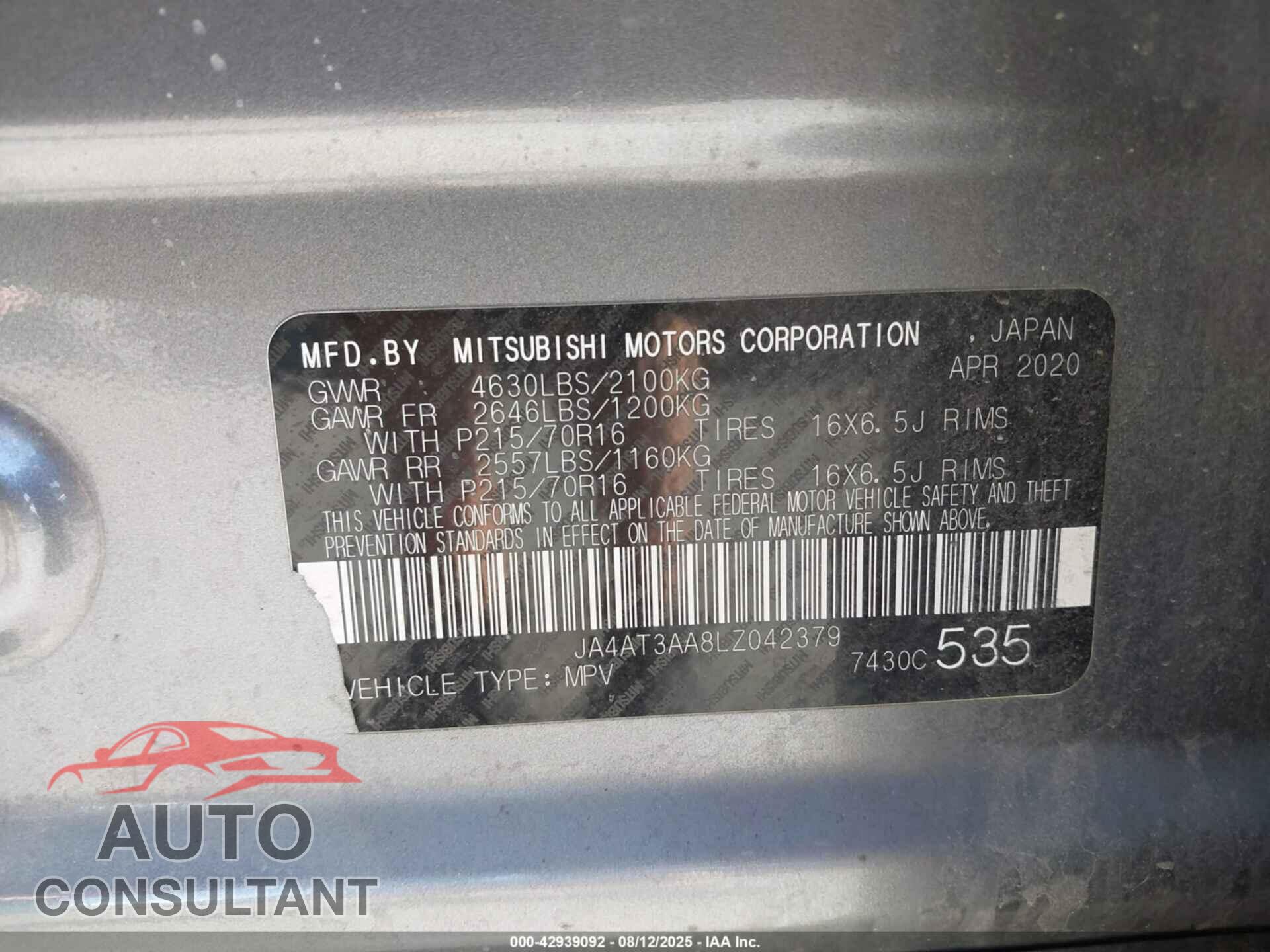 MITSUBISHI ECLIPSE CROSS 2020 - JA4AT3AA8LZ042379