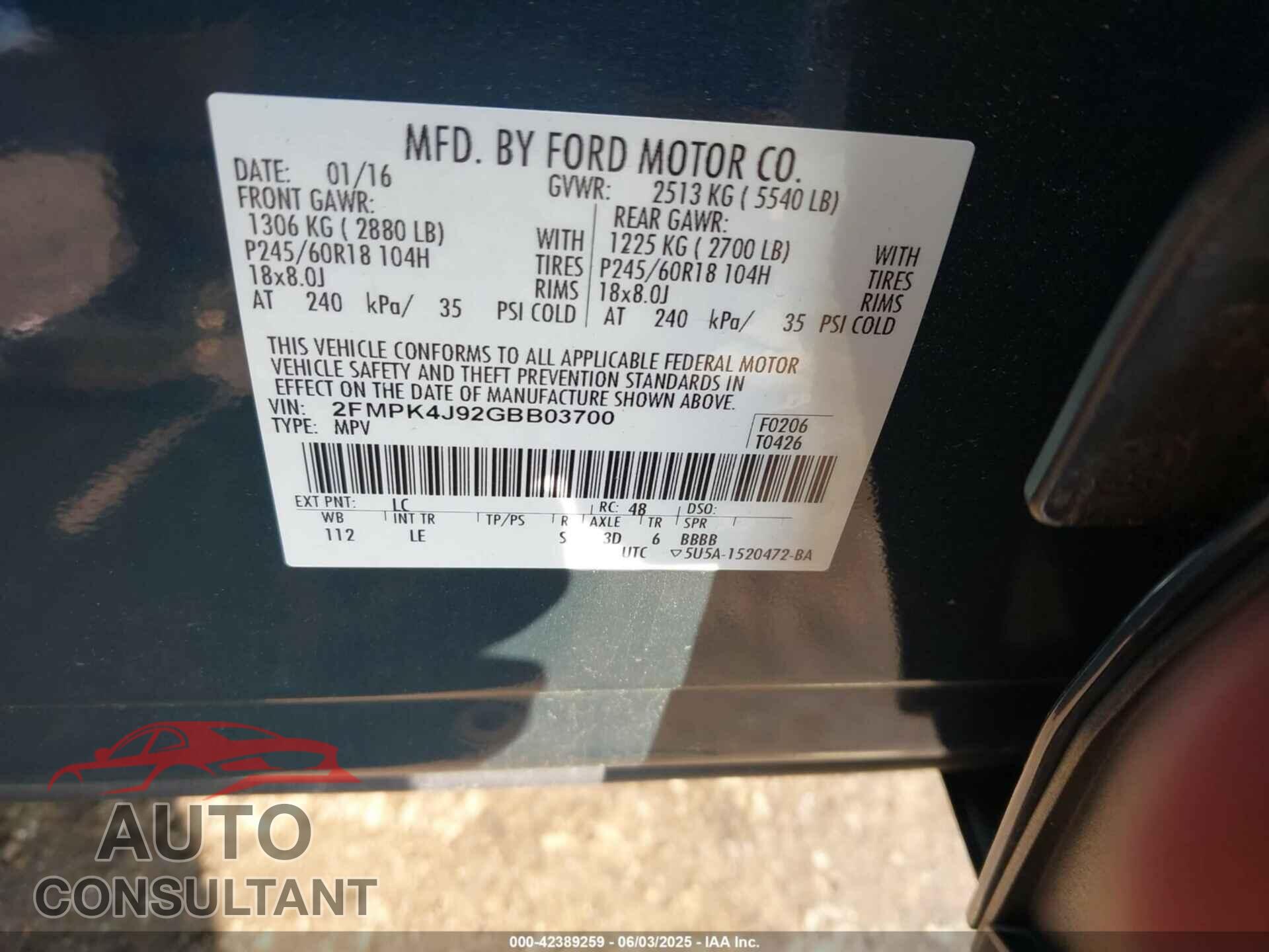 FORD EDGE 2016 - 2FMPK4J92GBB03700