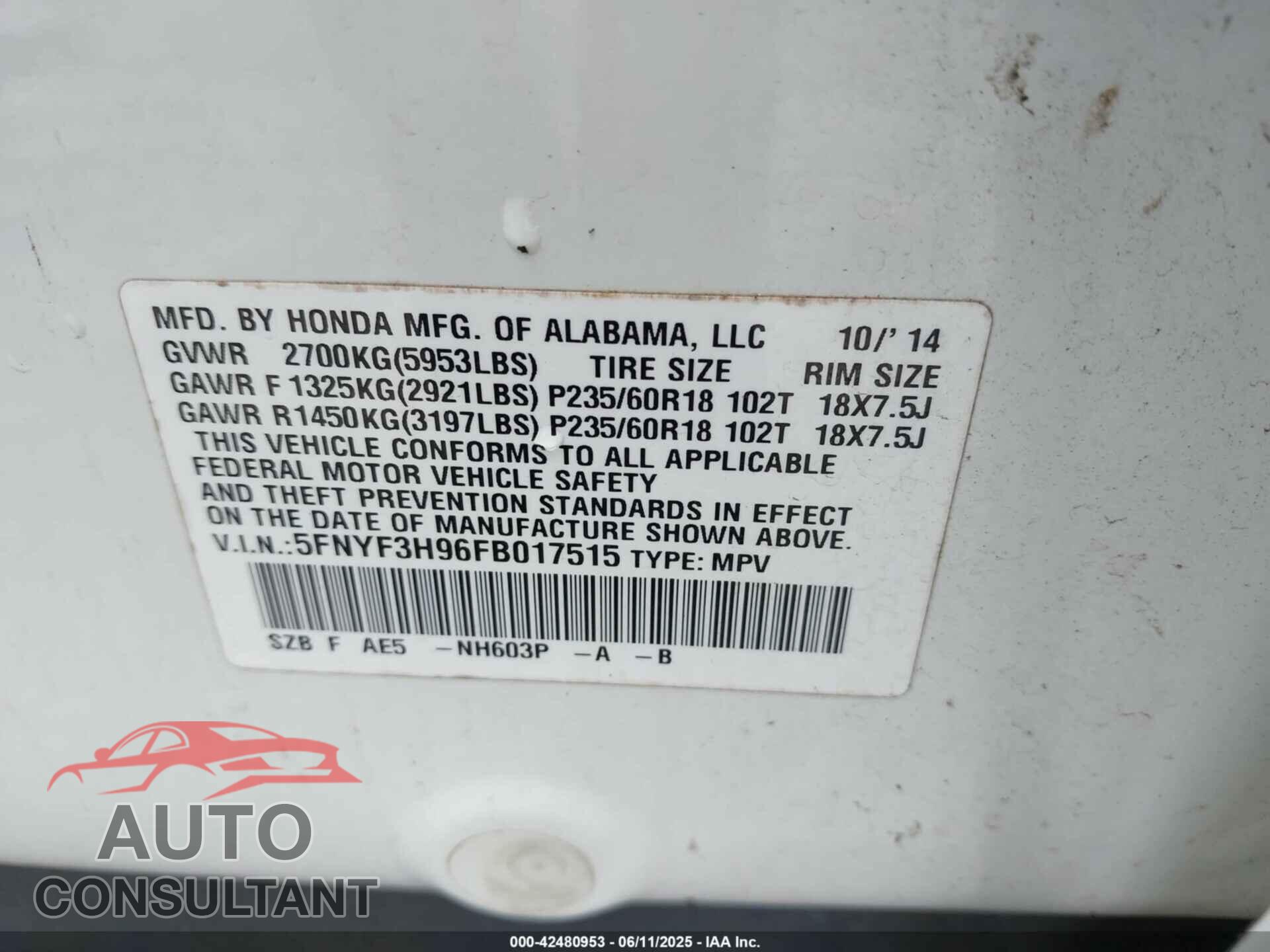 HONDA PILOT 2015 - 5FNYF3H96FB017515