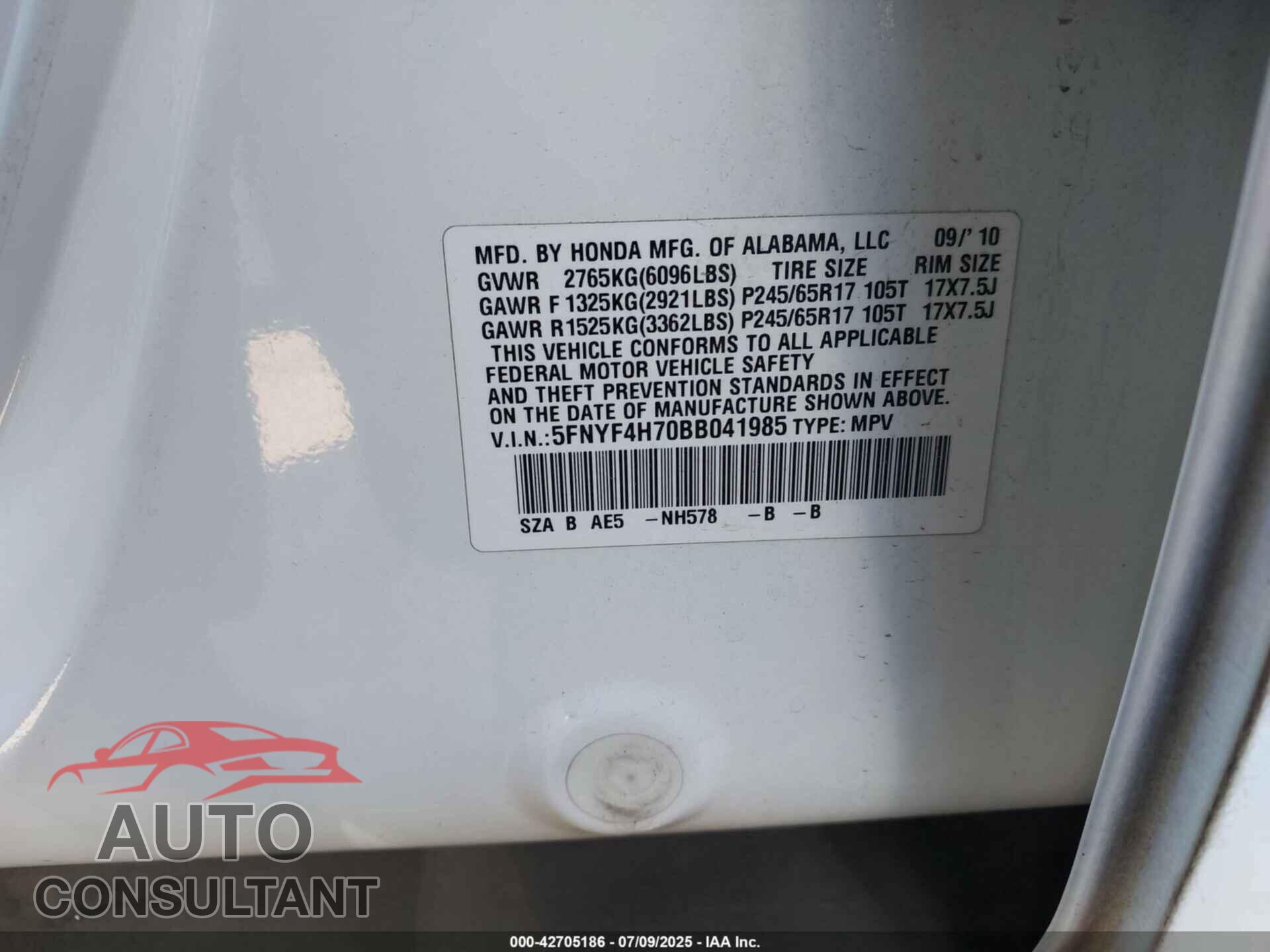 HONDA PILOT 2011 - 5FNYF4H70BB041985
