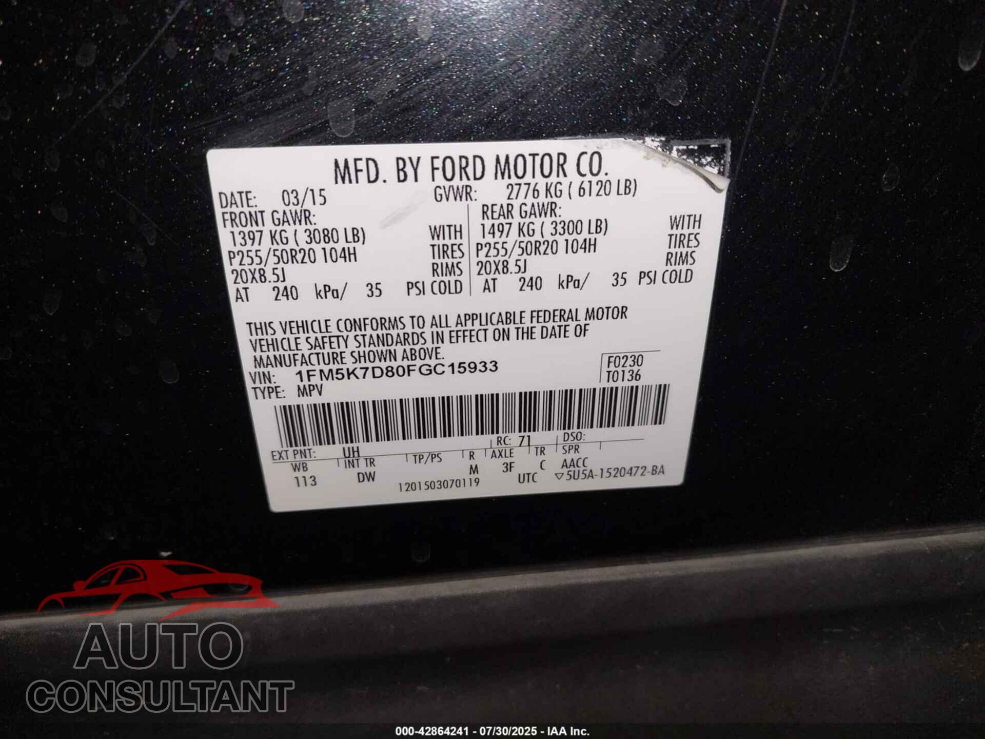 FORD EXPLORER 2015 - 1FM5K7D80FGC15933