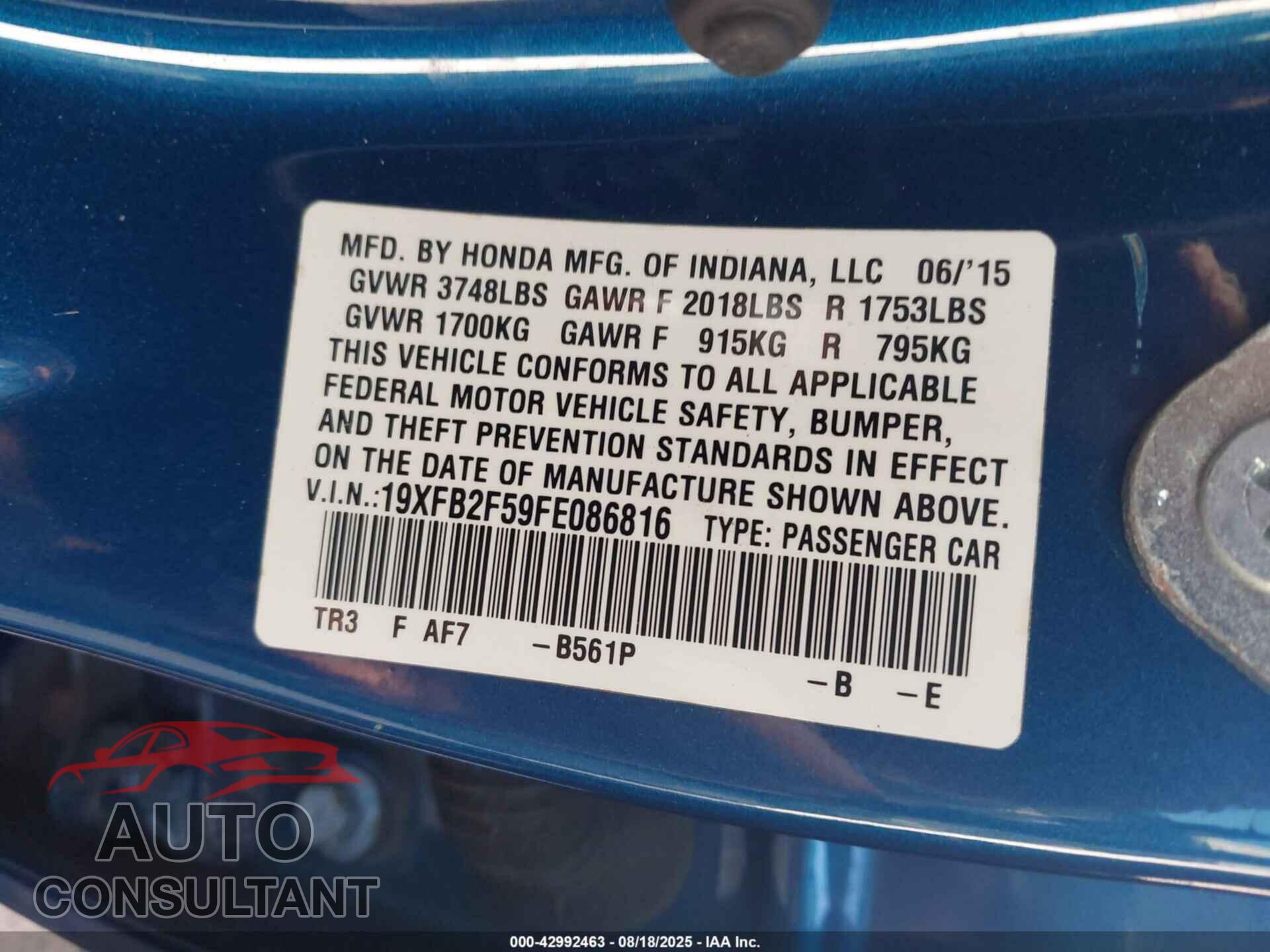 HONDA CIVIC 2015 - 19XFB2F59FE086816