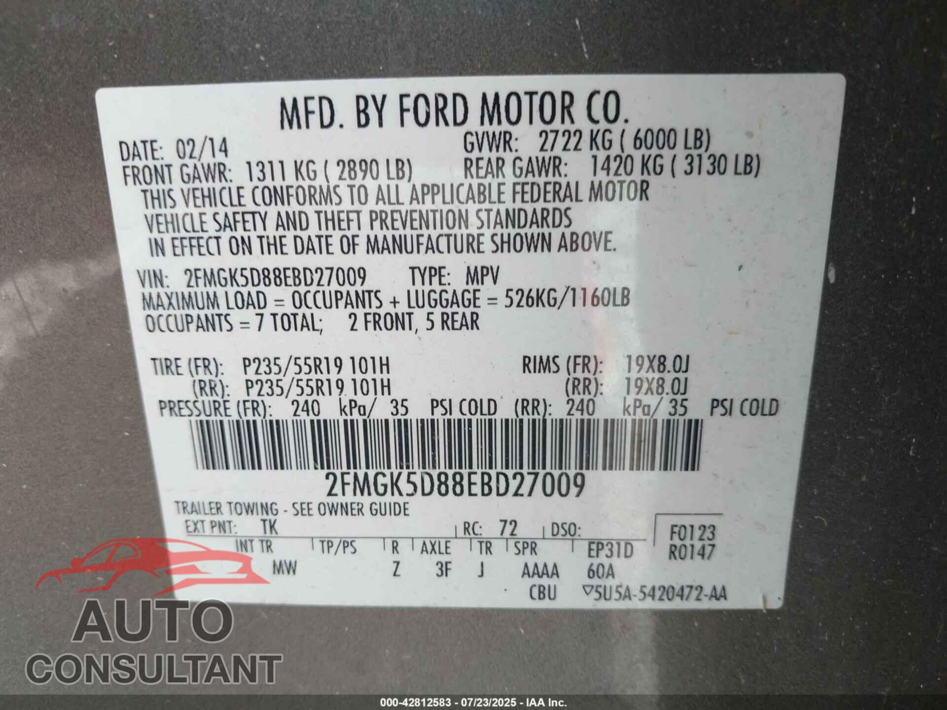 FORD FLEX 2014 - 2FMGK5D88EBD27009