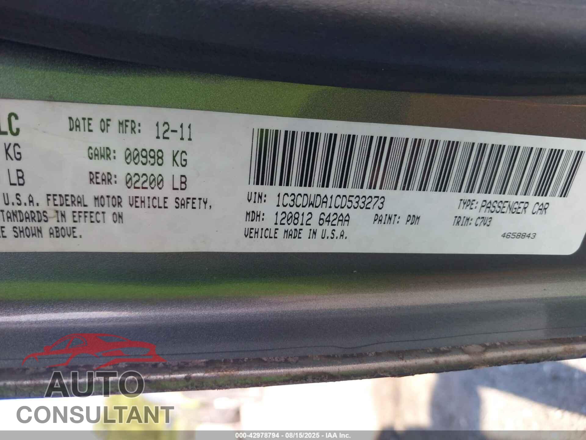 DODGE CALIBER 2012 - 1C3CDWDA1CD533273