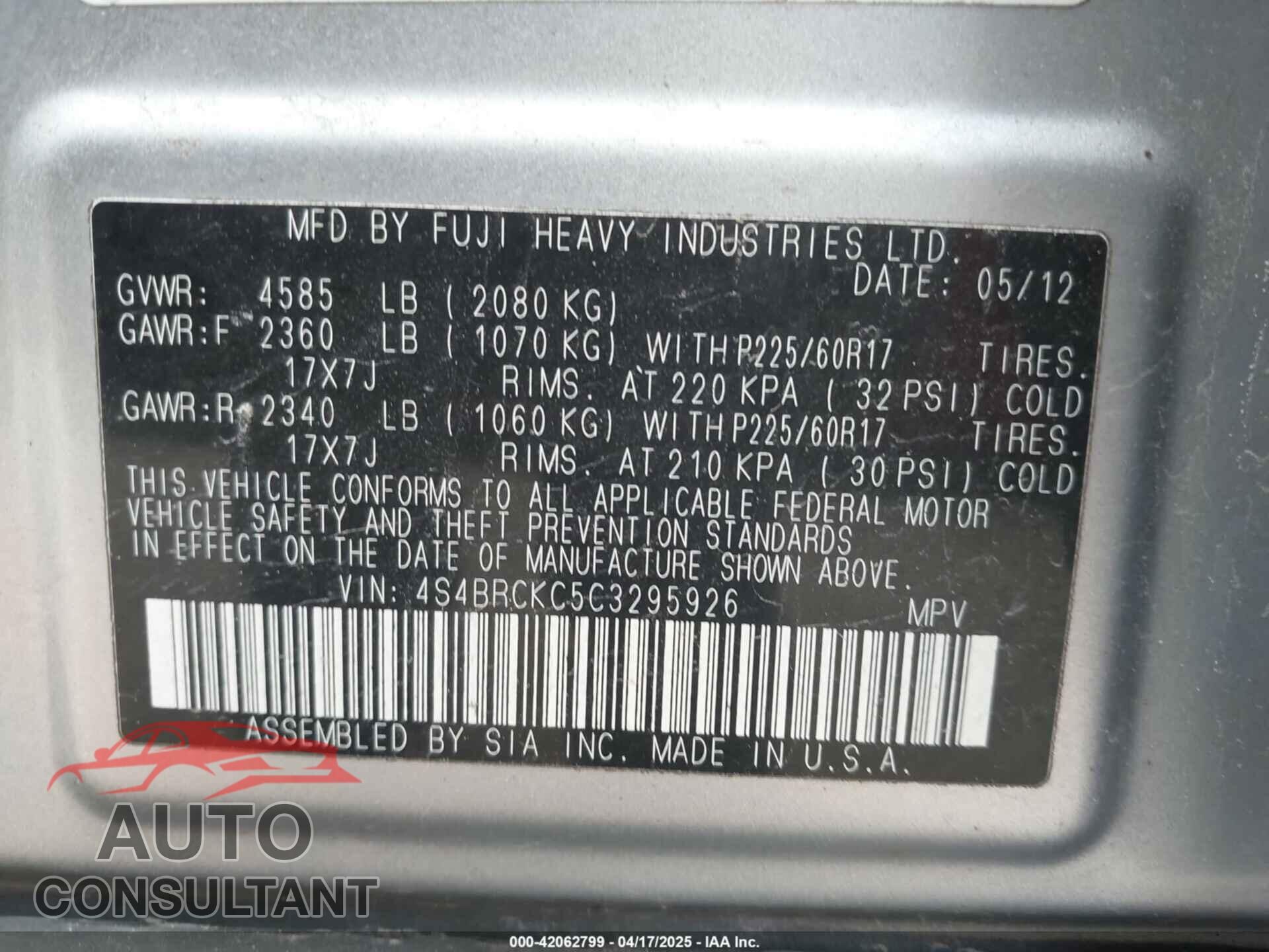 SUBARU OUTBACK 2012 - 4S4BRCKC5C3295926