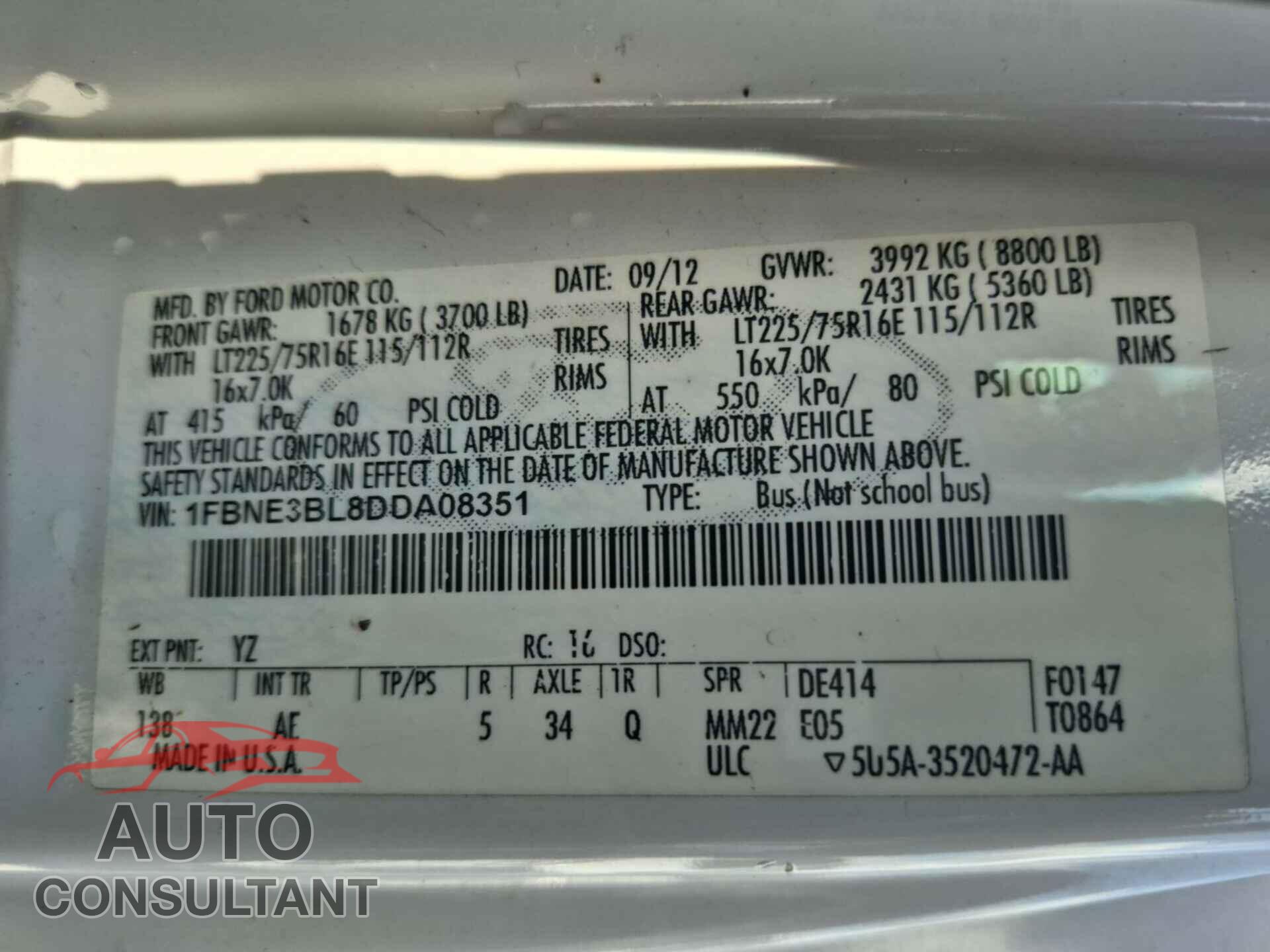FORD E-350 SUPER DUTY 2013 - 1FBNE3BL8DDA08351
