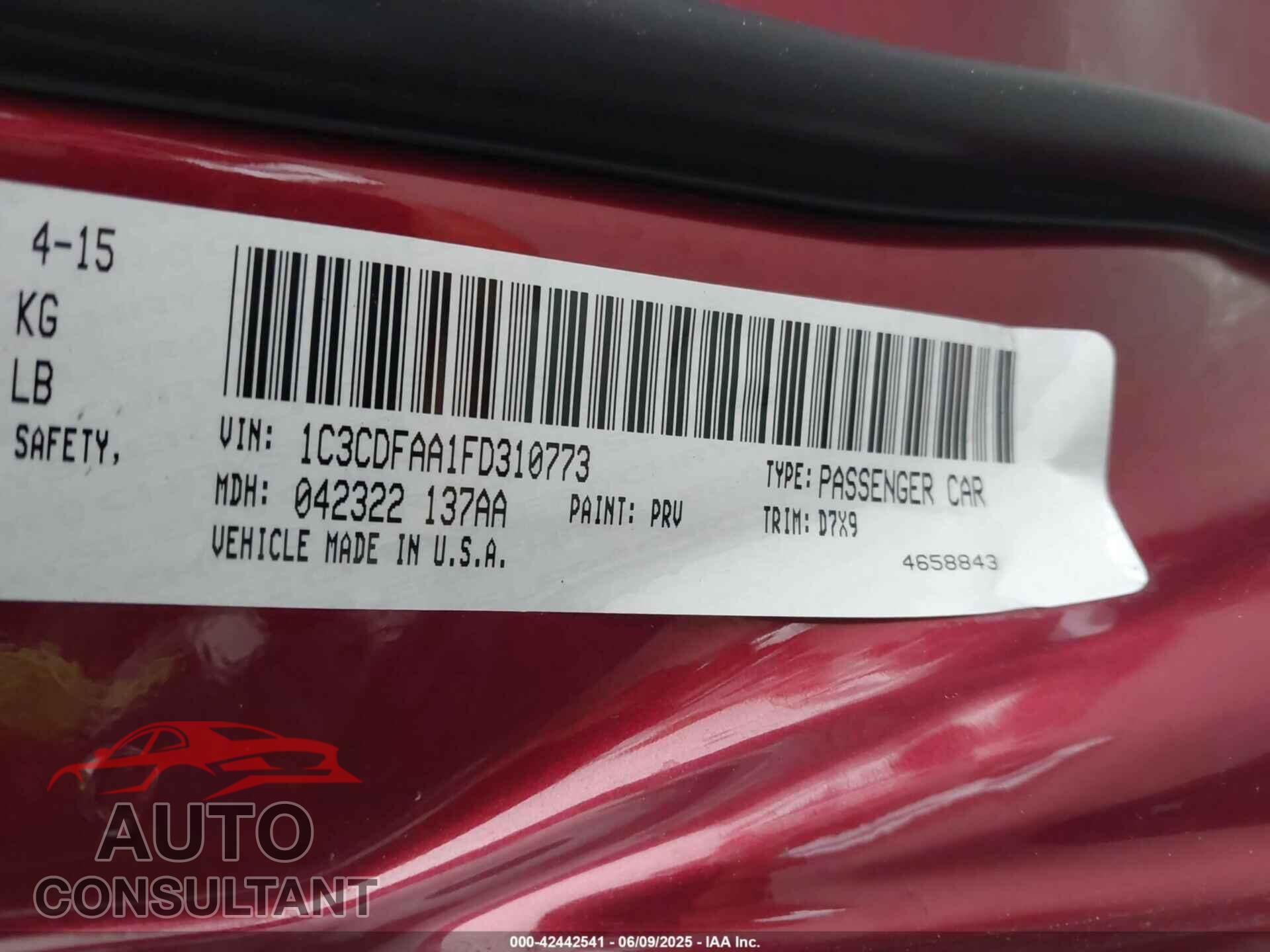 DODGE DART 2015 - 1C3CDFAA1FD310773