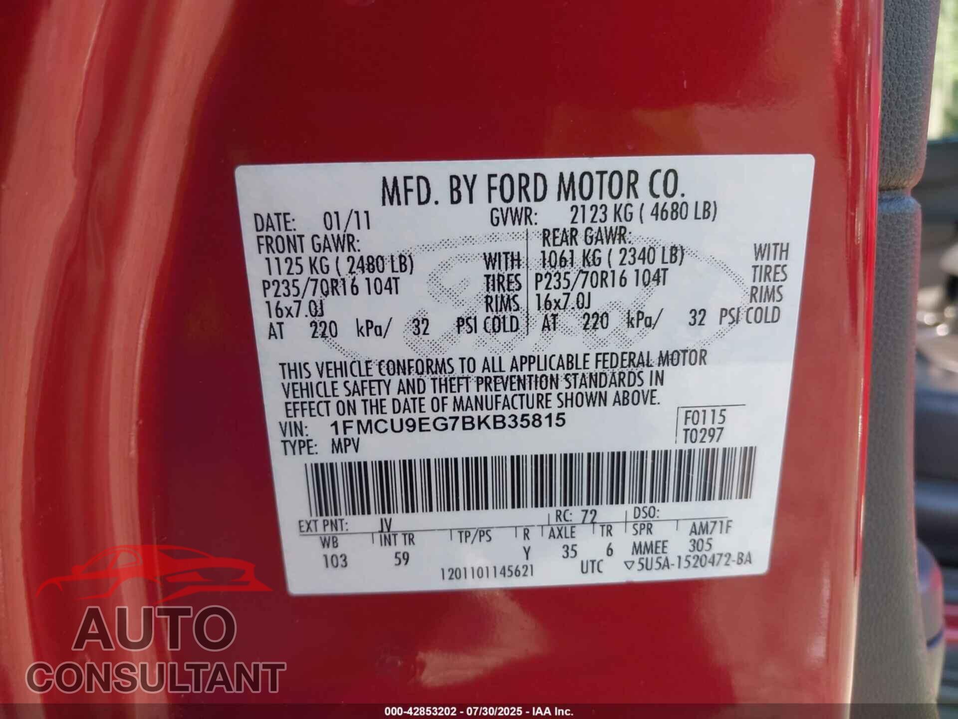 FORD ESCAPE 2011 - 1FMCU9EG7BKB35815