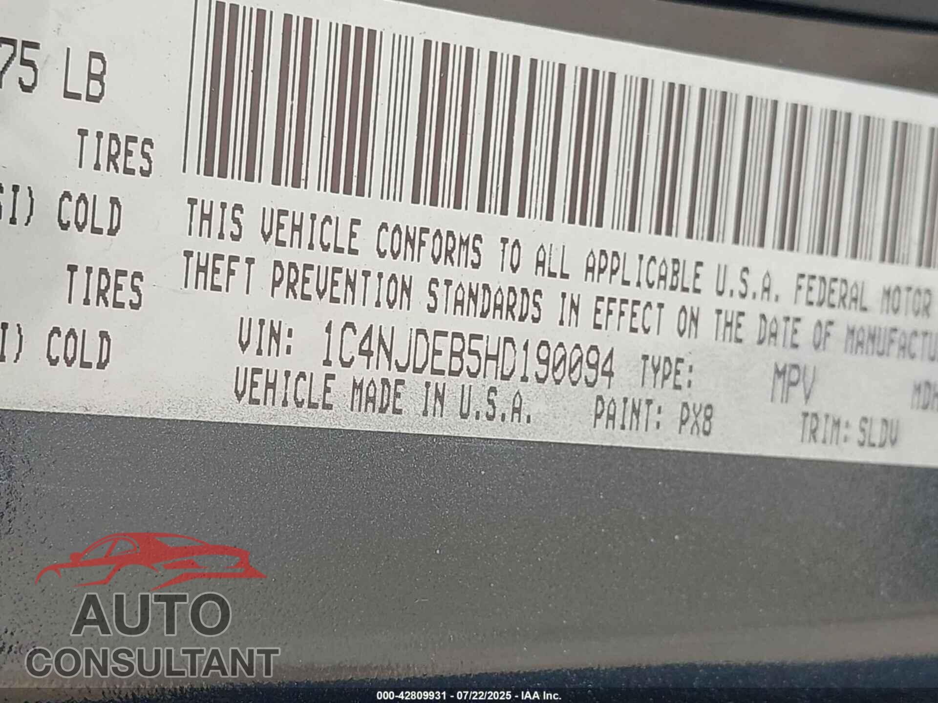 JEEP COMPASS 2017 - 1C4NJDEB5HD190094