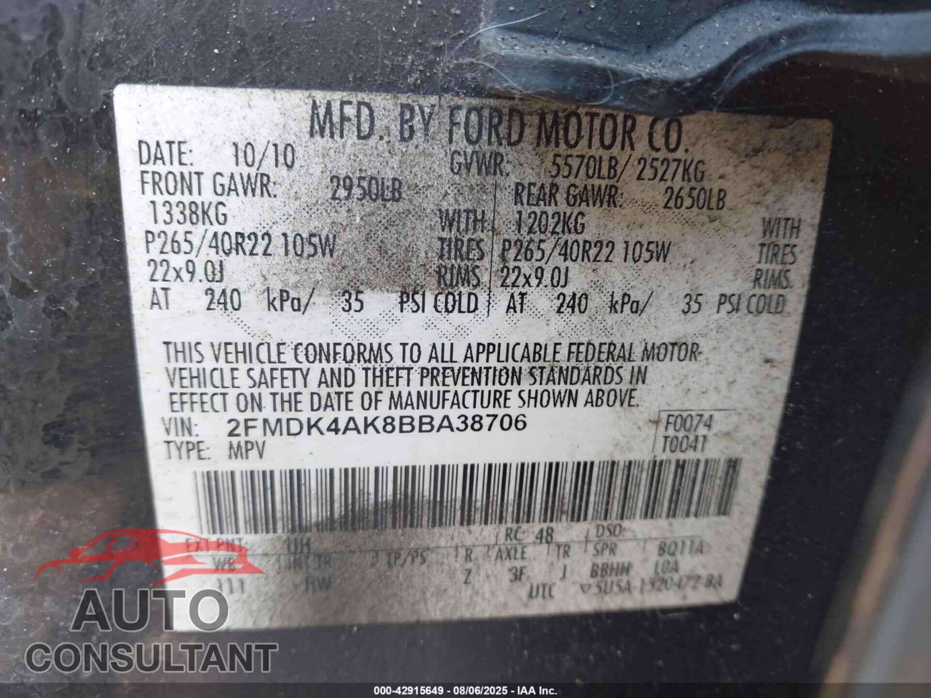 FORD EDGE 2011 - 2FMDK4AK8BBA38706