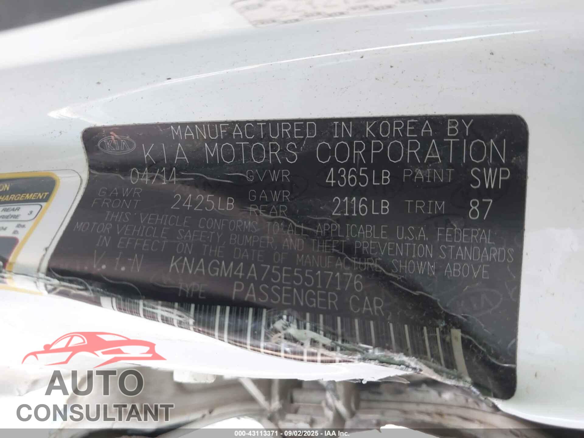 KIA OPTIMA 2014 - KNAGM4A75E5517176