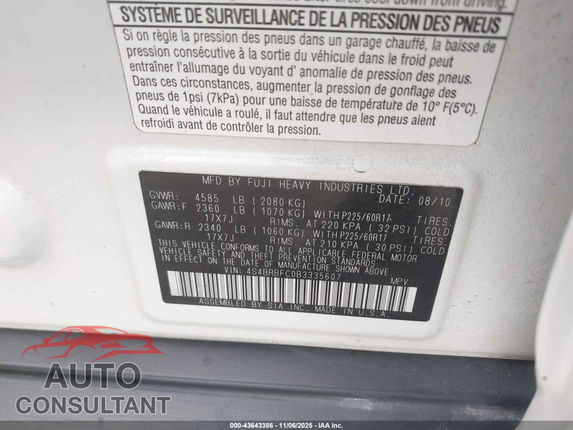 SUBARU OUTBACK 2011 - 4S4BRBFC0B3335607