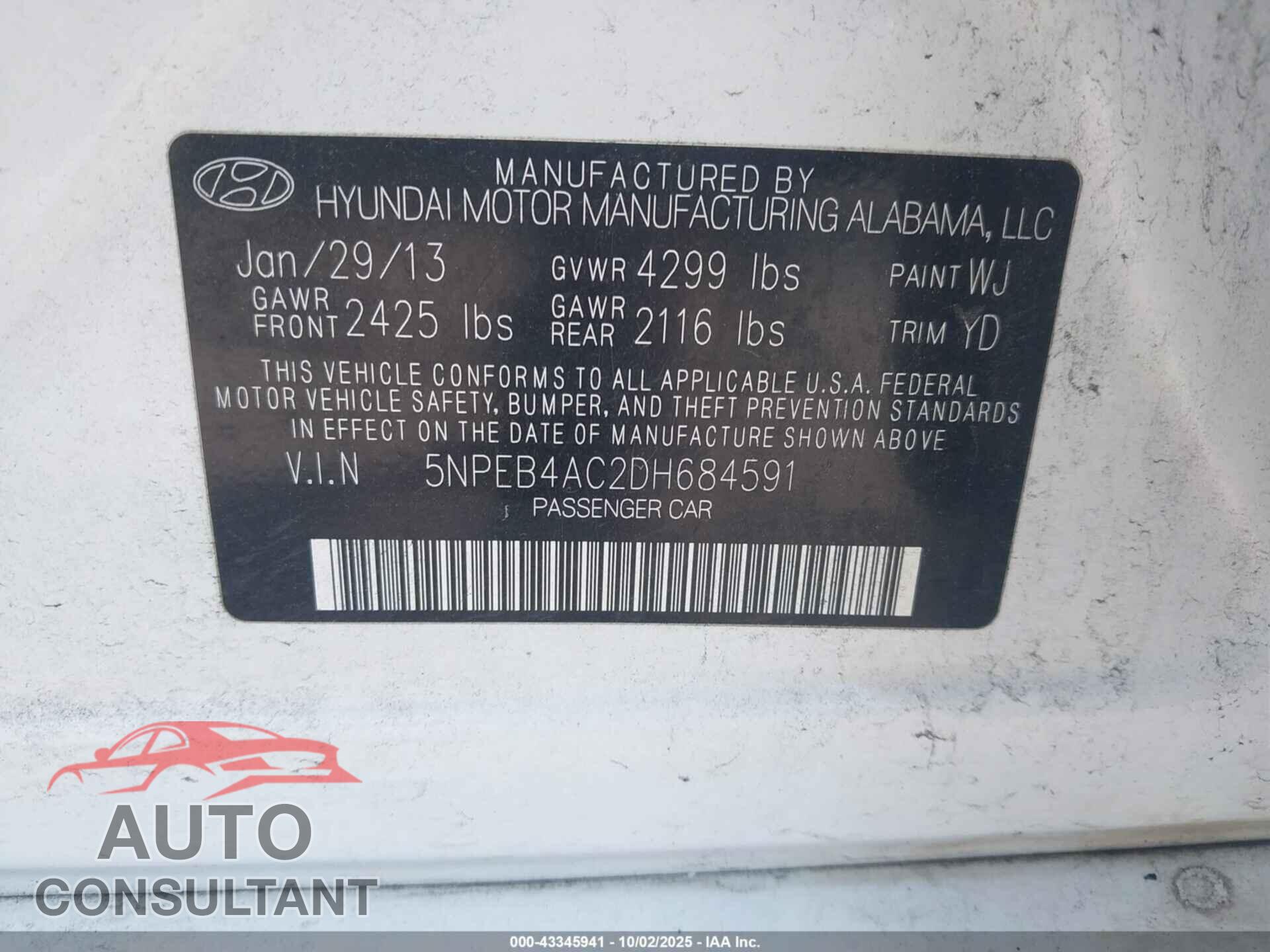 HYUNDAI SONATA 2013 - 5NPEB4AC2DH684591