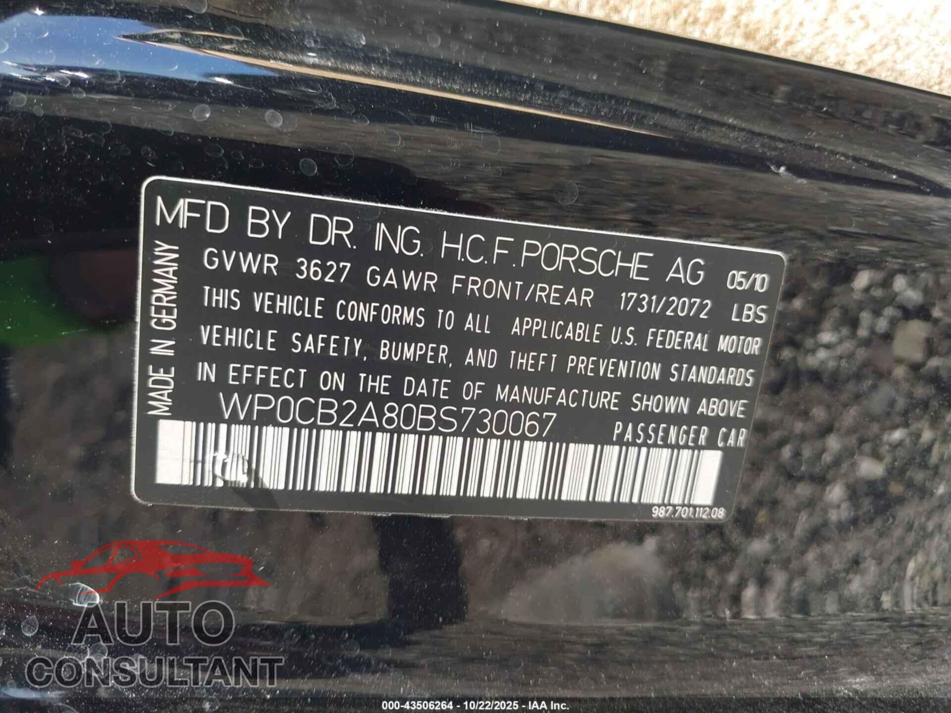 PORSCHE BOXSTER 2011 - WP0CB2A80BS730067