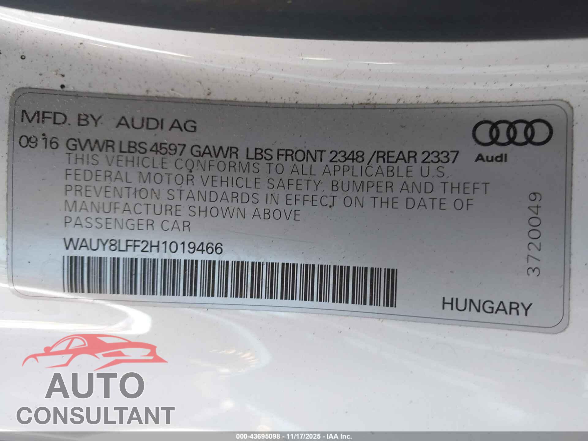 AUDI A3 2017 - WAUY8LFF2H1019466