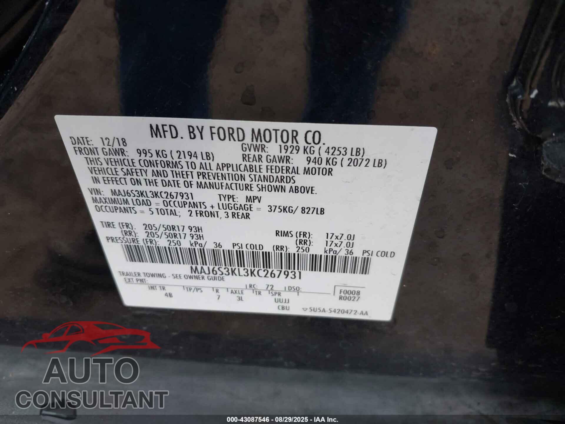 FORD ECOSPORT 2019 - MAJ6S3KL3KC267931