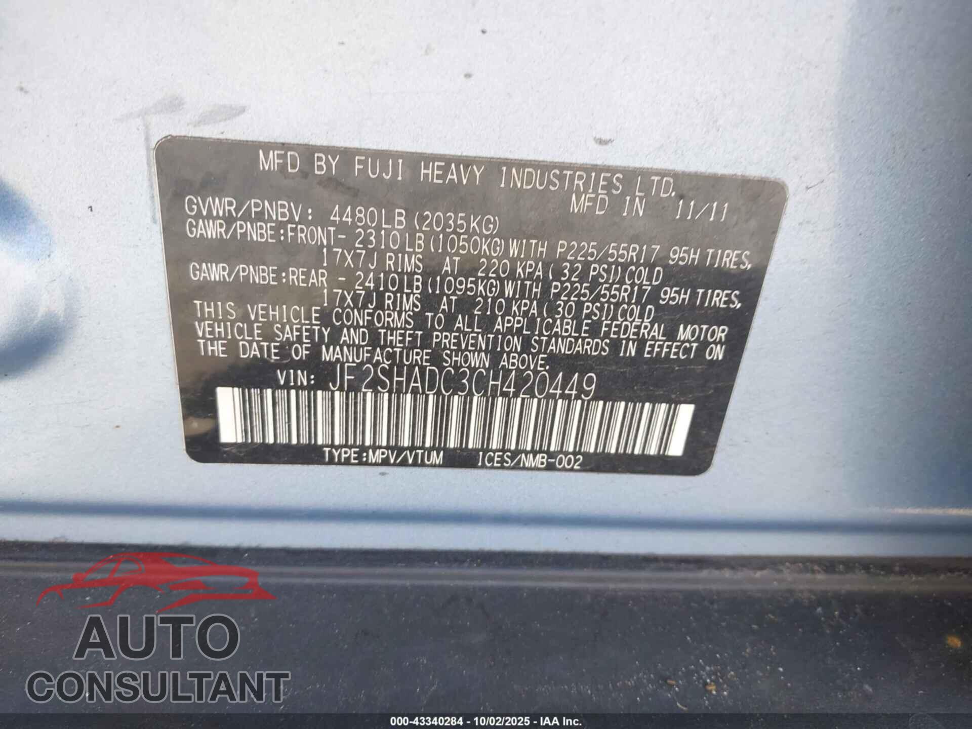 SUBARU FORESTER 2012 - JF2SHADC3CH420449