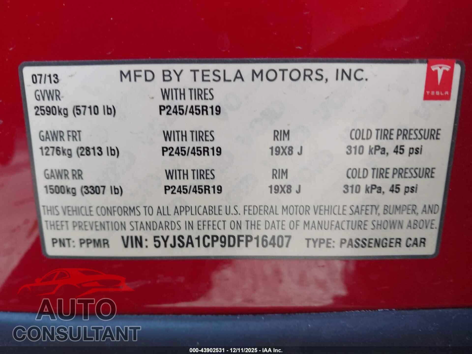 TESLA MODEL S 2013 - 5YJSA1CP9DFP16407