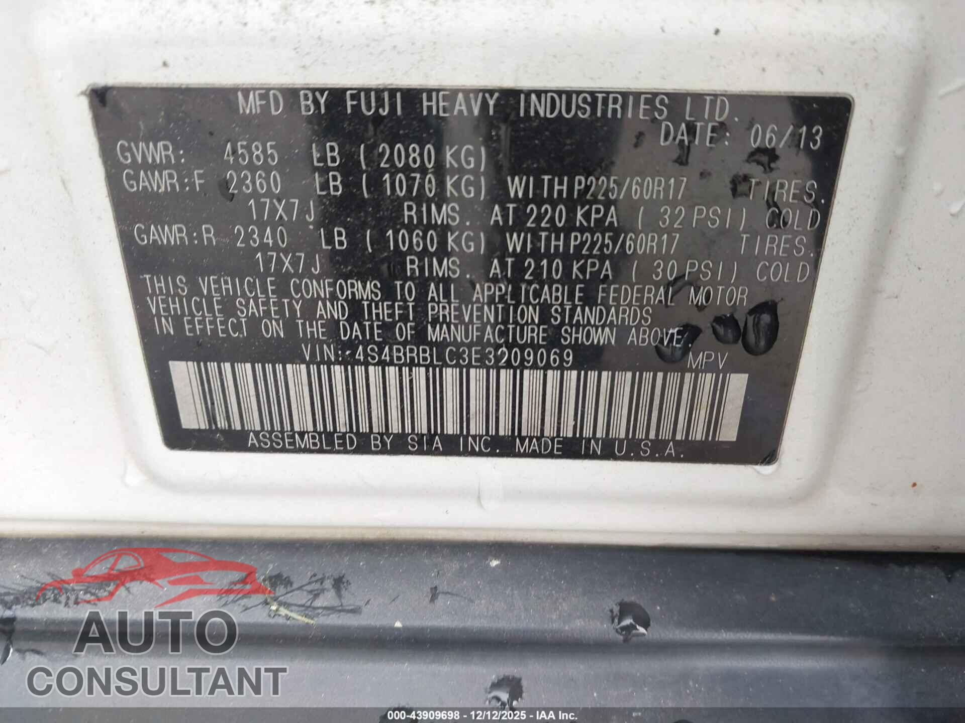 SUBARU OUTBACK 2014 - 4S4BRBLC3E3209069