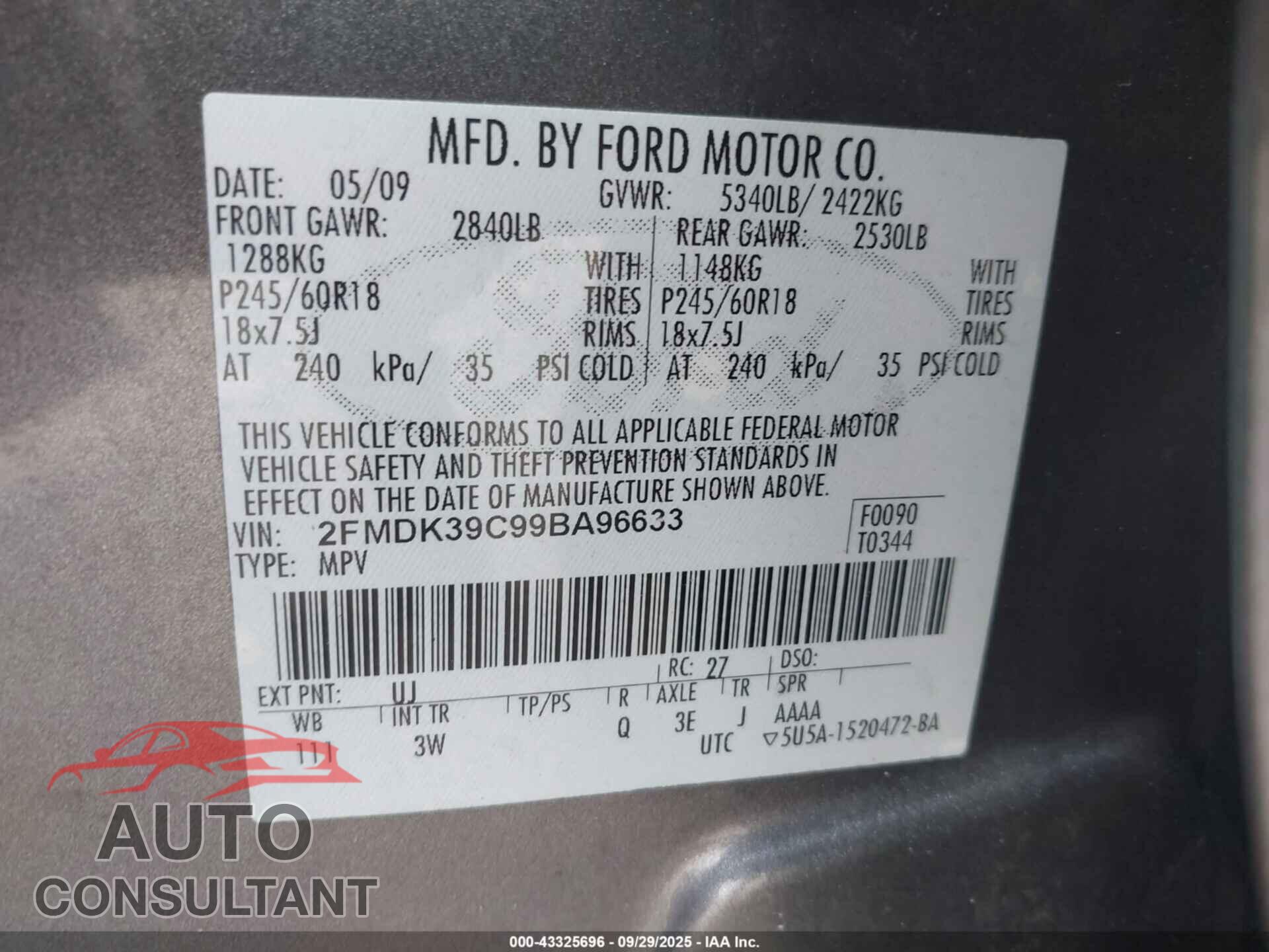 FORD EDGE 2009 - 2FMDK39C99BA96633