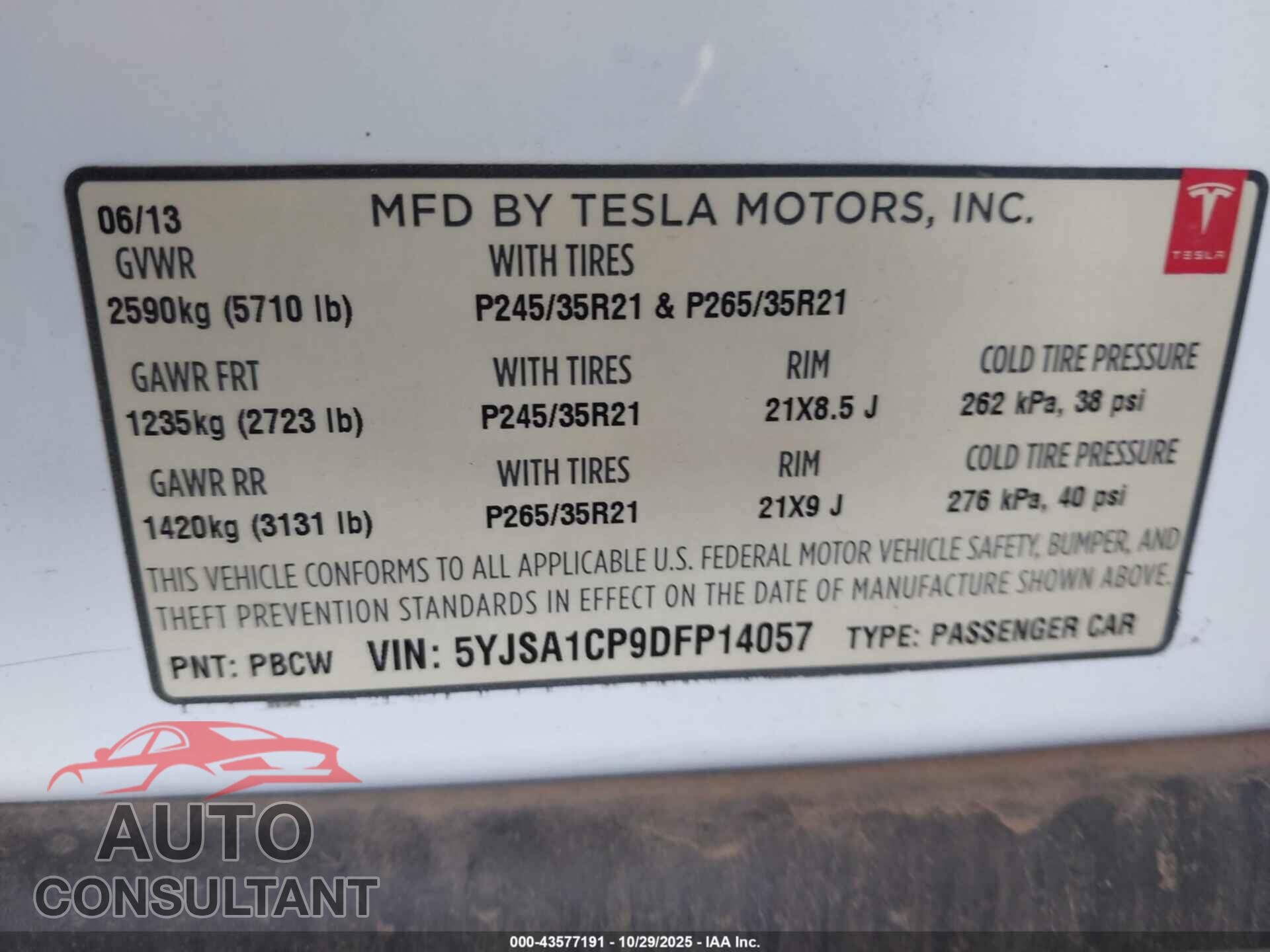 TESLA MODEL S 2013 - 5YJSA1CP9DFP14057