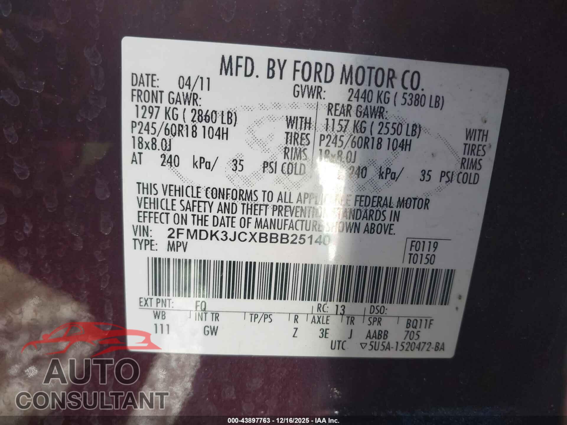 FORD EDGE 2011 - 2FMDK3JCXBBB25140