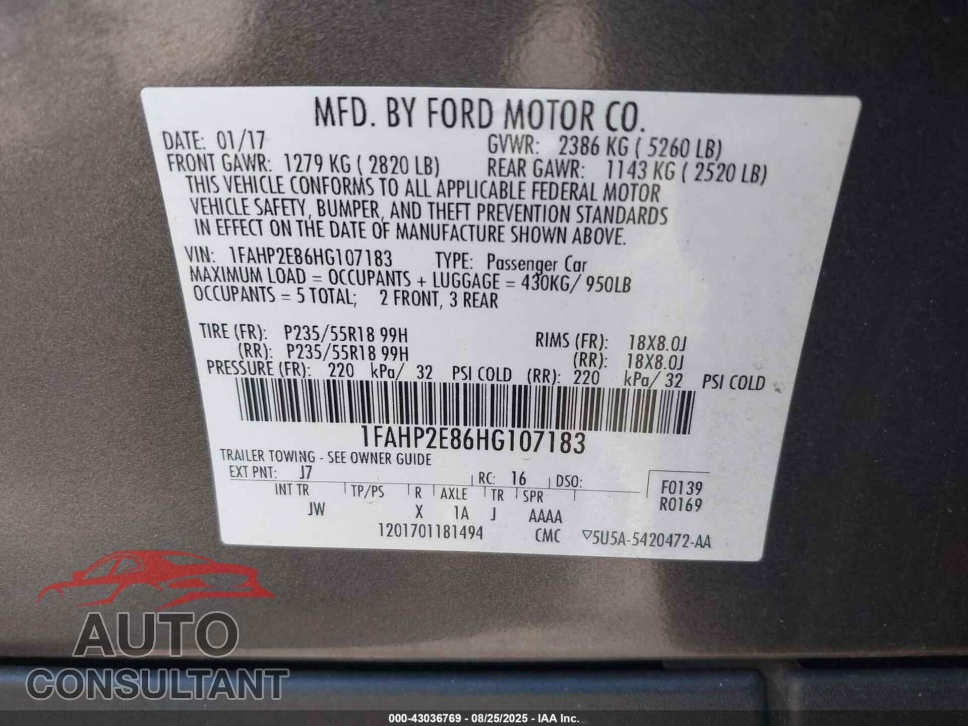 FORD TAURUS 2017 - 1FAHP2E86HG107183