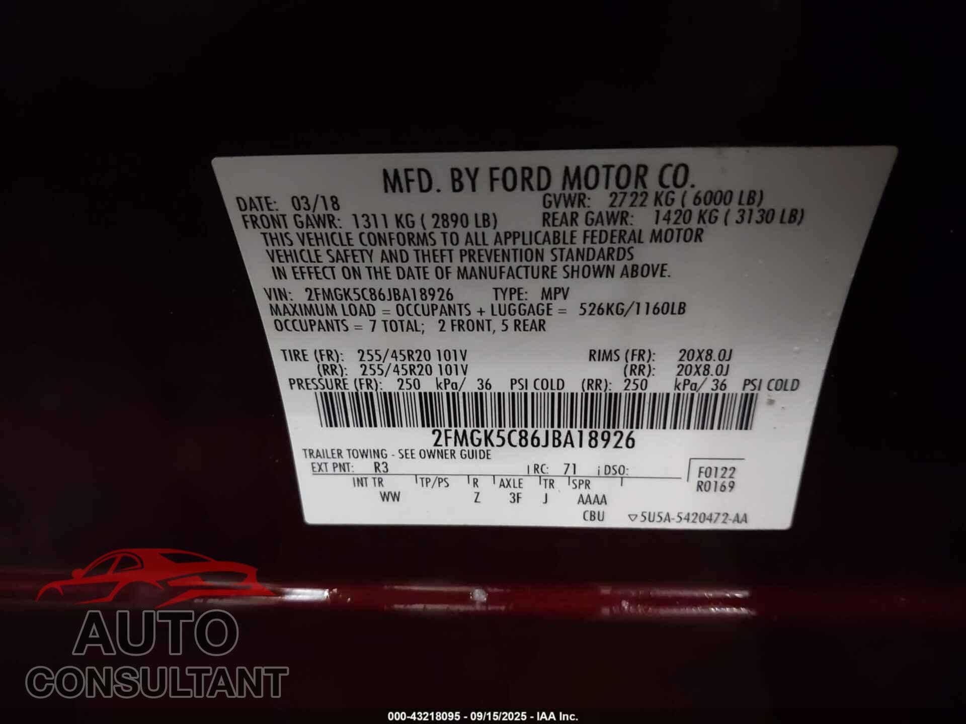 FORD FLEX 2018 - 2FMGK5C86JBA18926