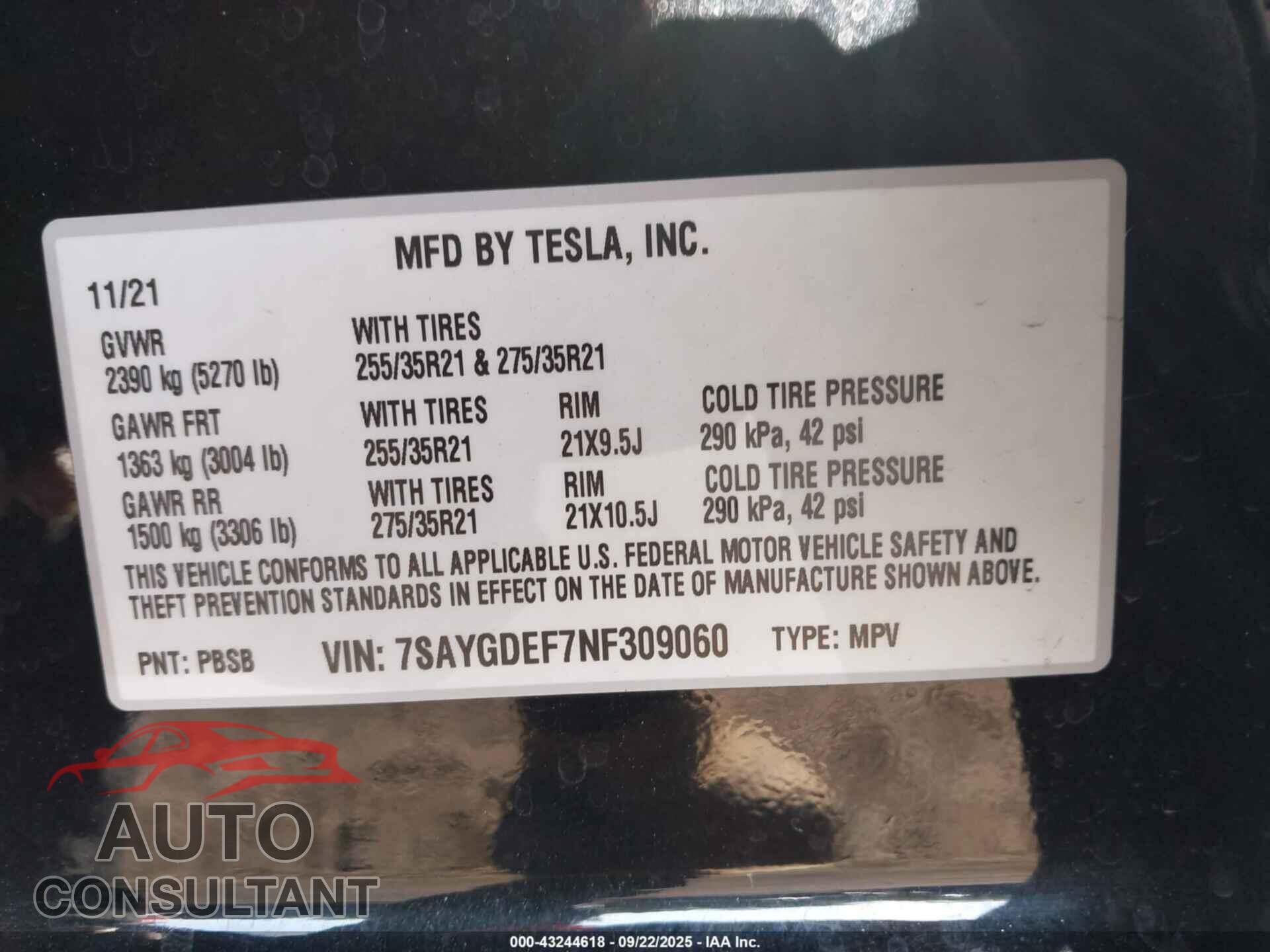 TESLA MODEL Y 2022 - 7SAYGDEF7NF309060