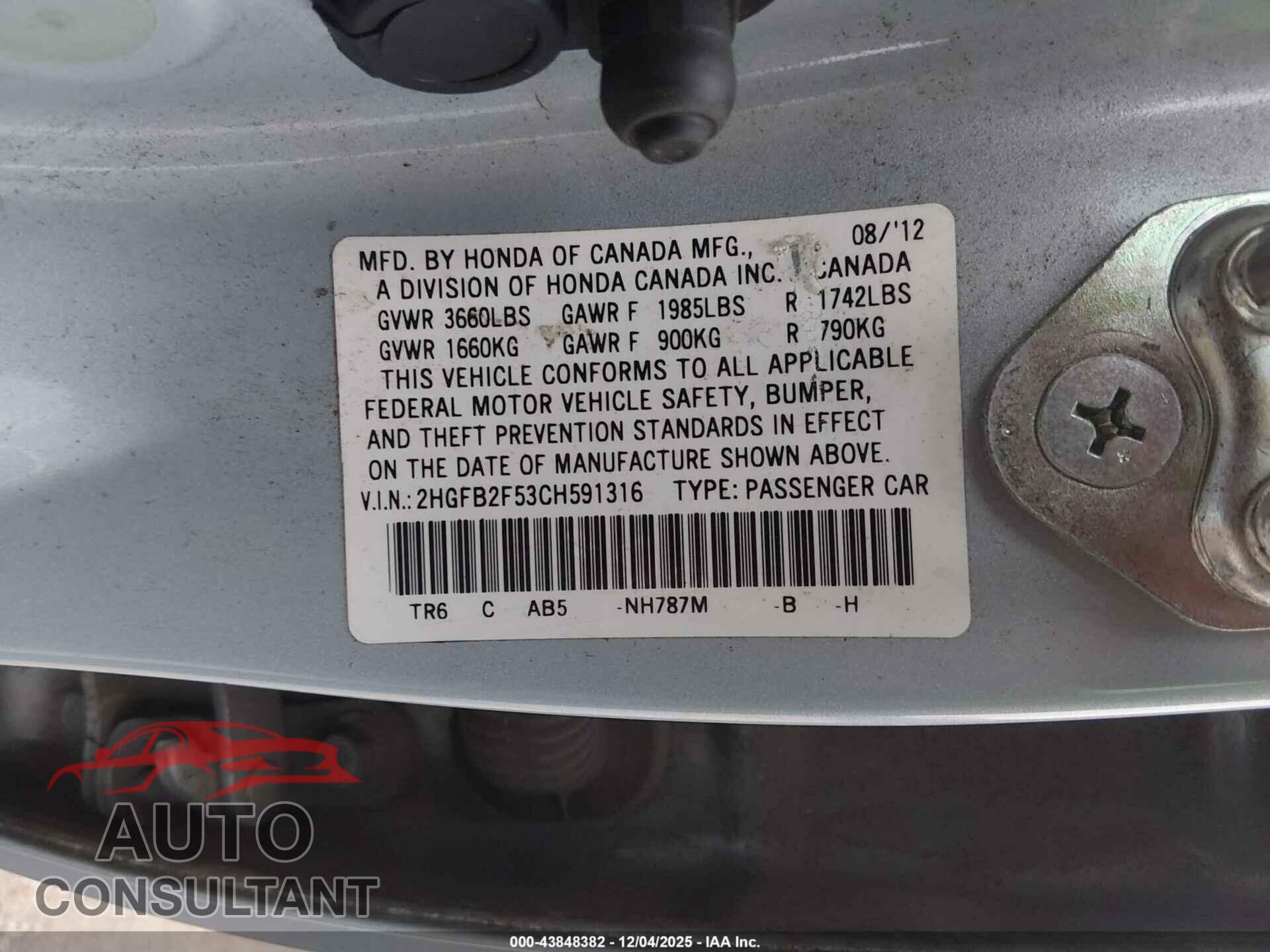 HONDA CIVIC SDN 2012 - 2HGFB2F53CH591316