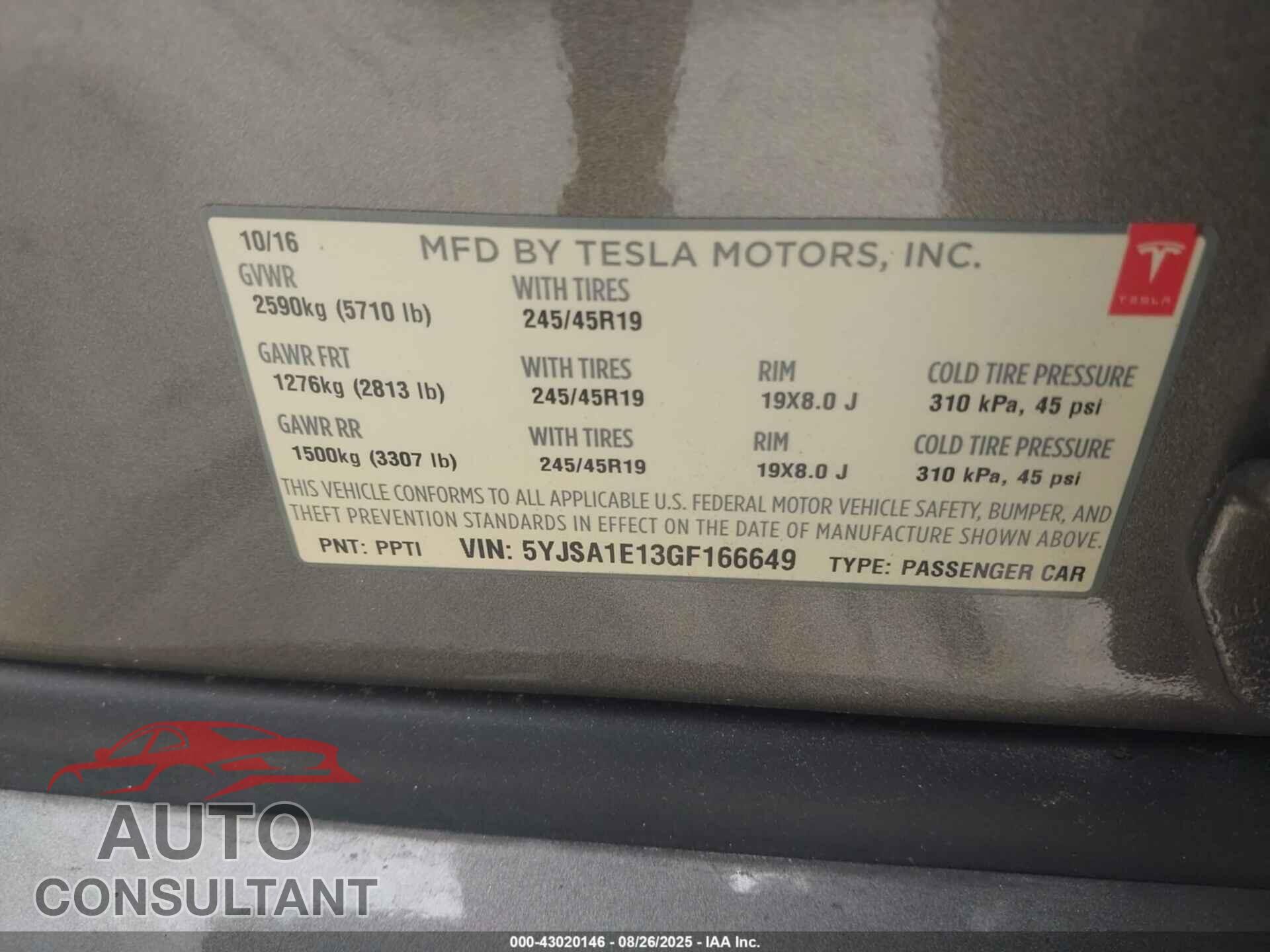 TESLA MODEL S 2016 - 5YJSA1E13GF166649