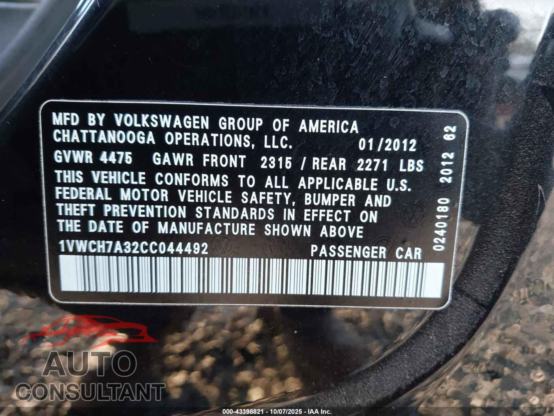 VOLKSWAGEN PASSAT 2012 - 1VWCH7A32CC044492