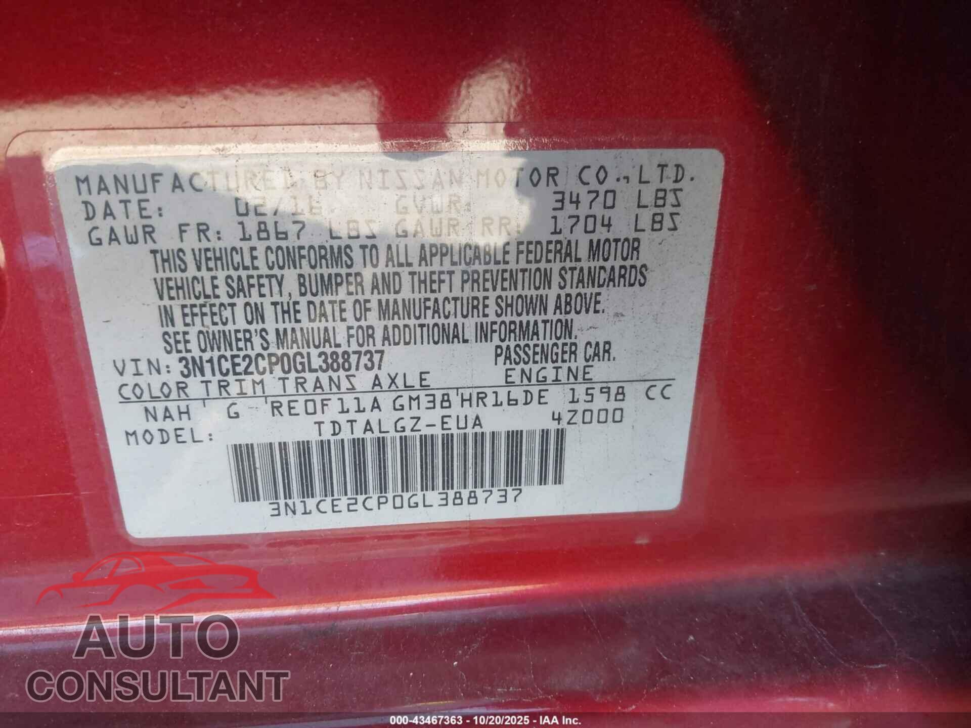 NISSAN VERSA NOTE 2016 - 3N1CE2CP0GL388737