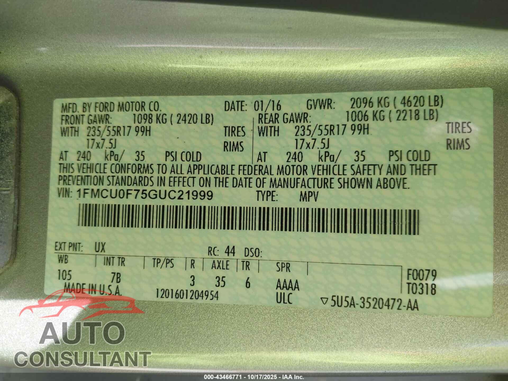 FORD ESCAPE 2016 - 1FMCU0F75GUC21999