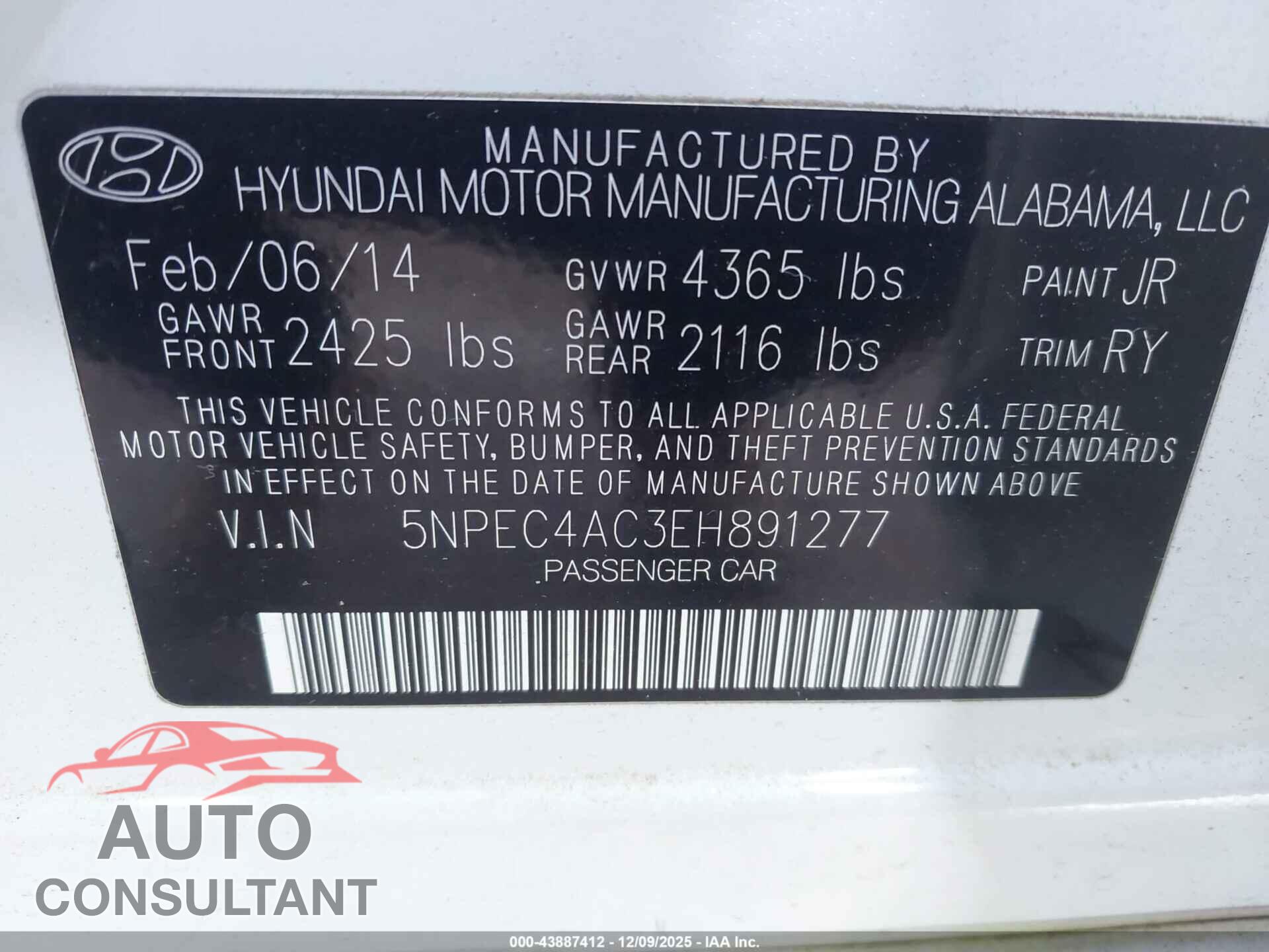 HYUNDAI SONATA 2014 - 5NPEC4AC3EH891277