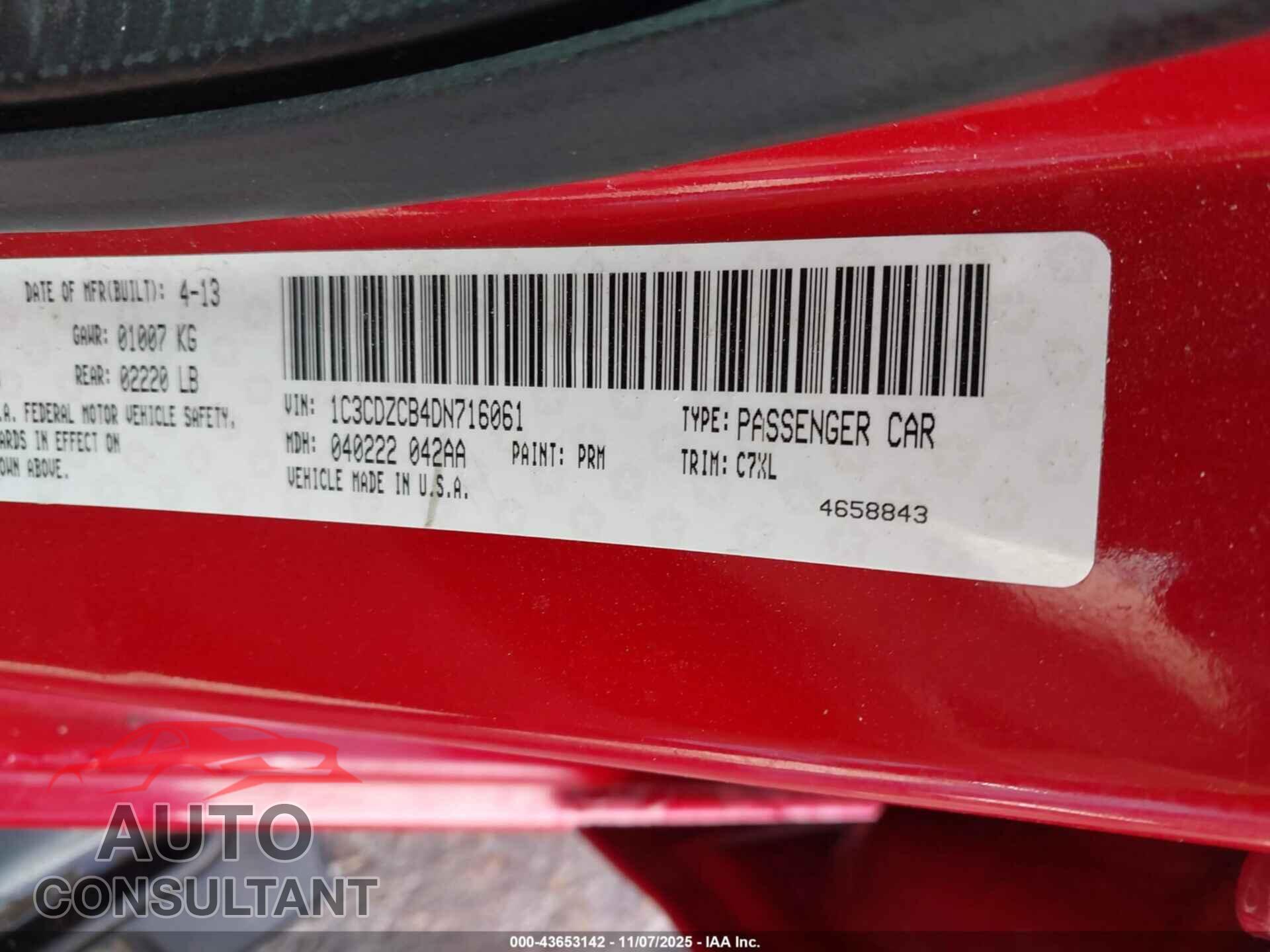 DODGE AVENGER 2013 - 1C3CDZCB4DN716061