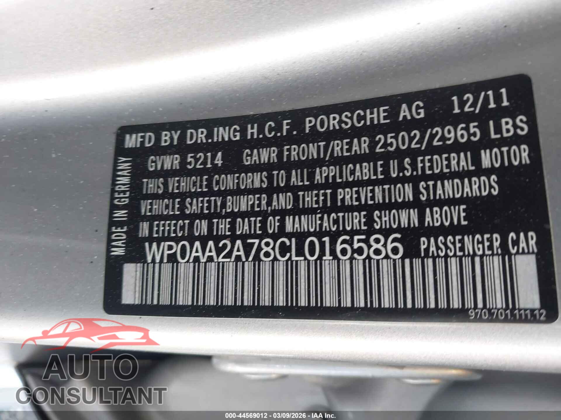 PORSCHE PANAMERA 2012 - WP0AA2A78CL016586