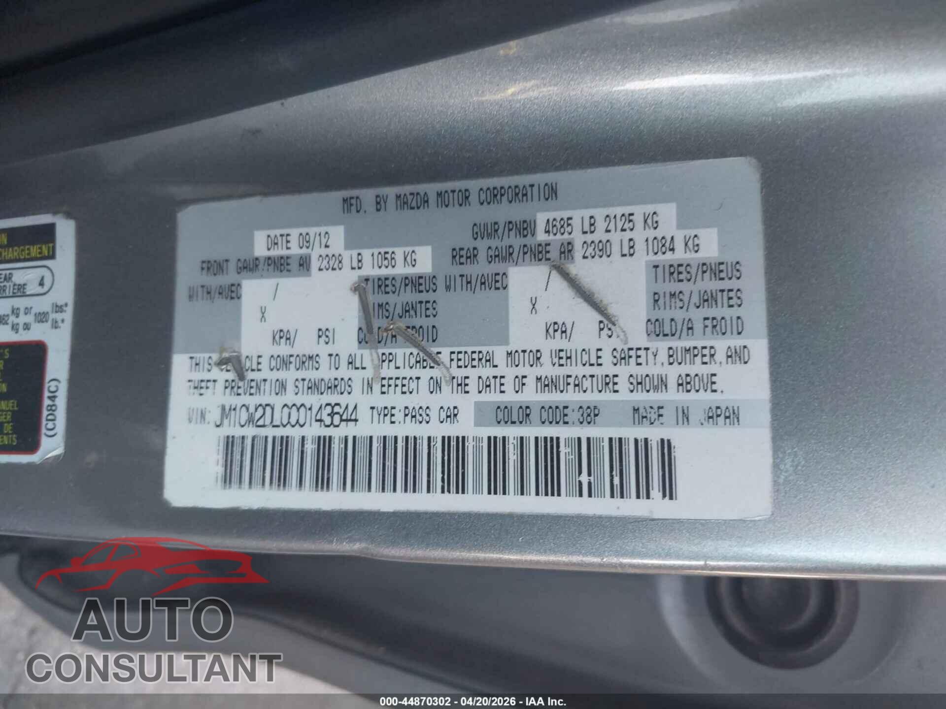 MAZDA MAZDA5 2012 - JM1CW2DL0C0143644
