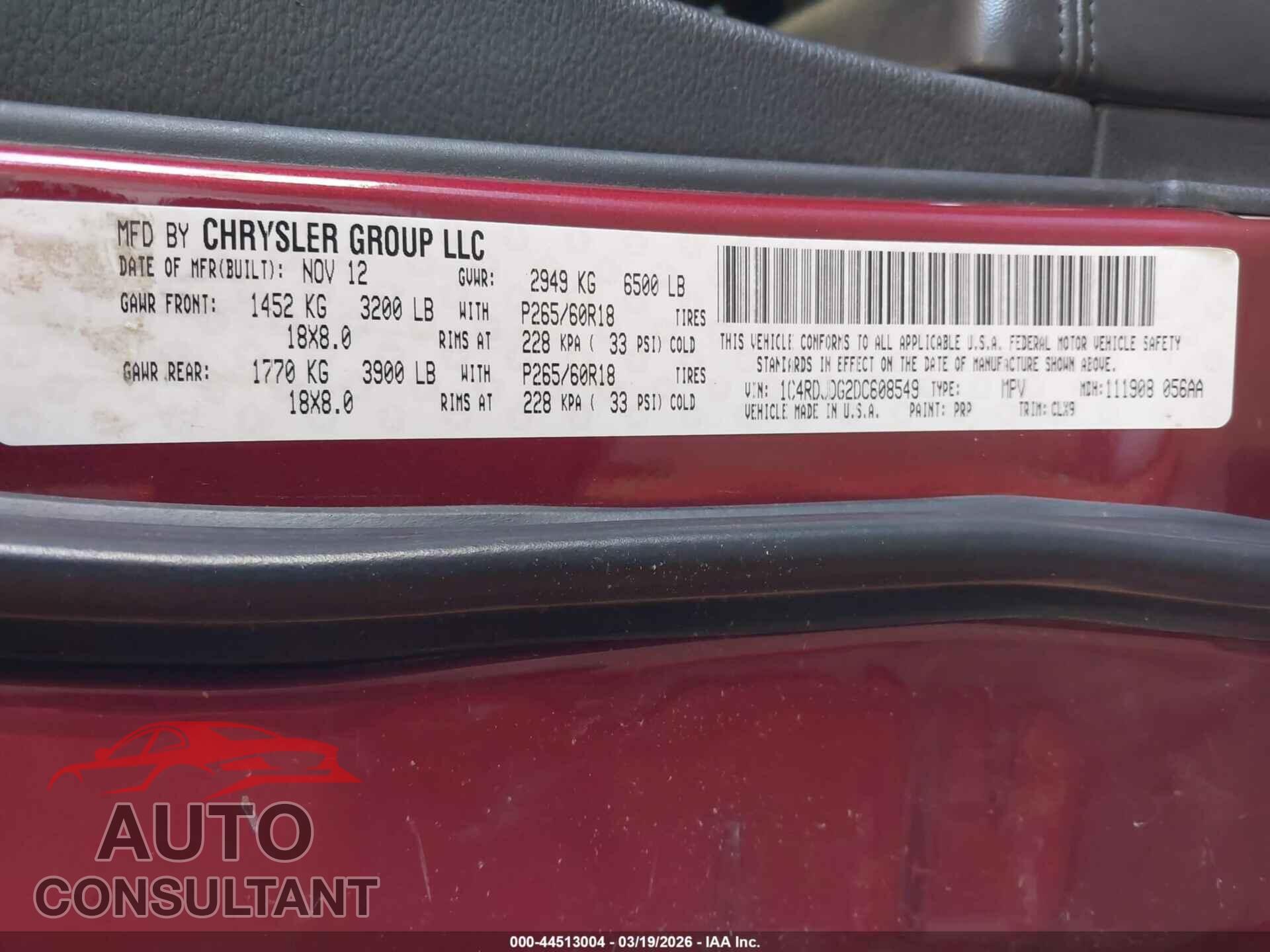 DODGE DURANGO 2013 - 1C4RDJDG2DC608549