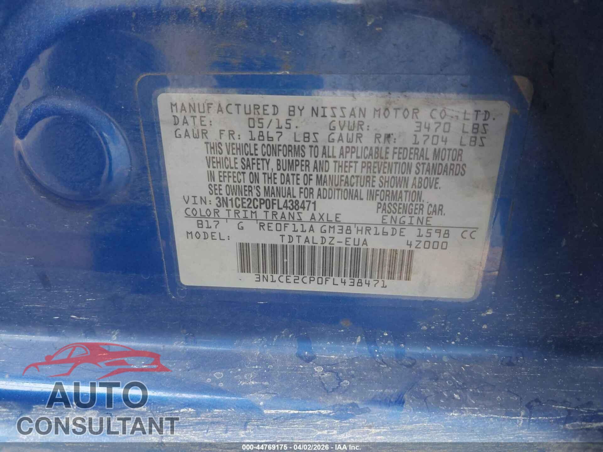 NISSAN VERSA NOTE 2015 - 3N1CE2CP0FL438471