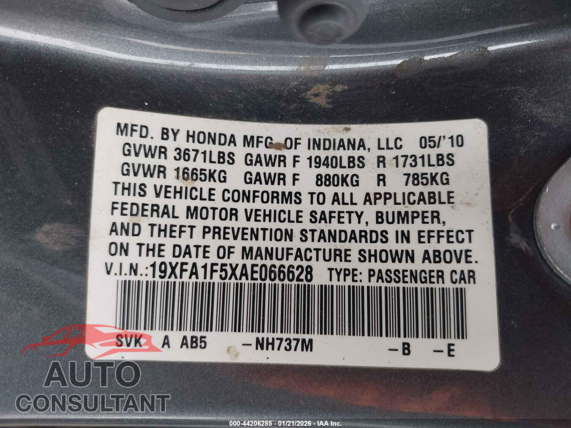 HONDA CIVIC 2010 - 19XFA1F5XAE066628
